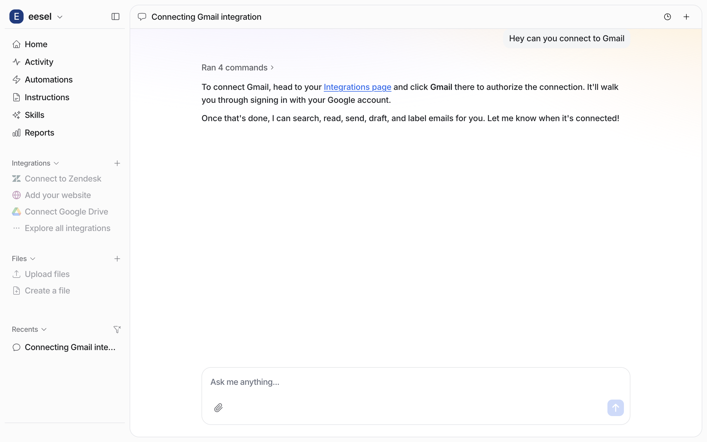 The dashboard chat where the user asks to connect Gmail and the agent replies with the Integrations page link and the list of what it can do once connected