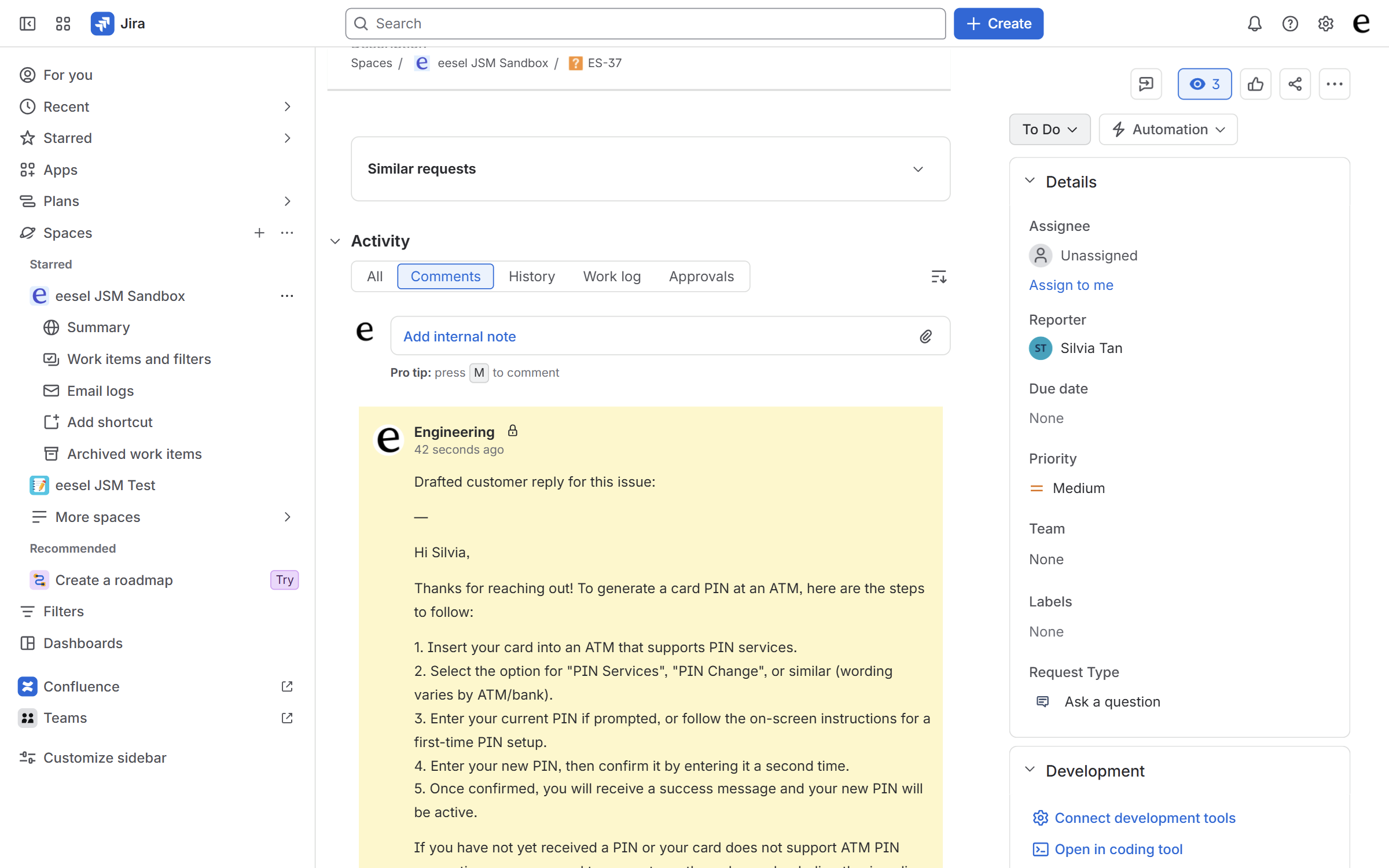 A Jira Service Management issue with an internal note from the agent holding a drafted customer reply, alongside the issue details panel