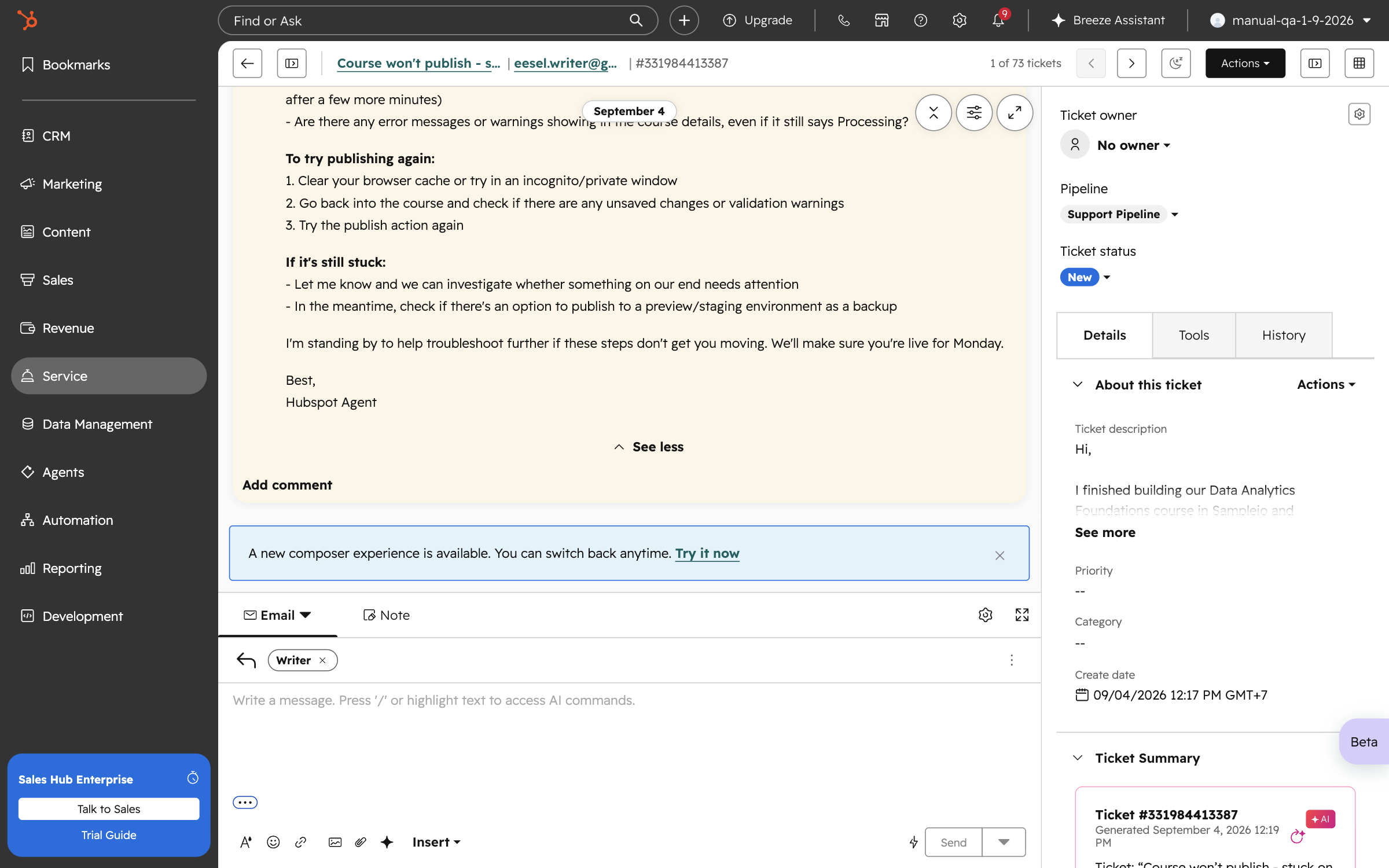 The rest of eesel AI's internal comment on the HubSpot ticket, showing the full draft reply with next steps and sign-off