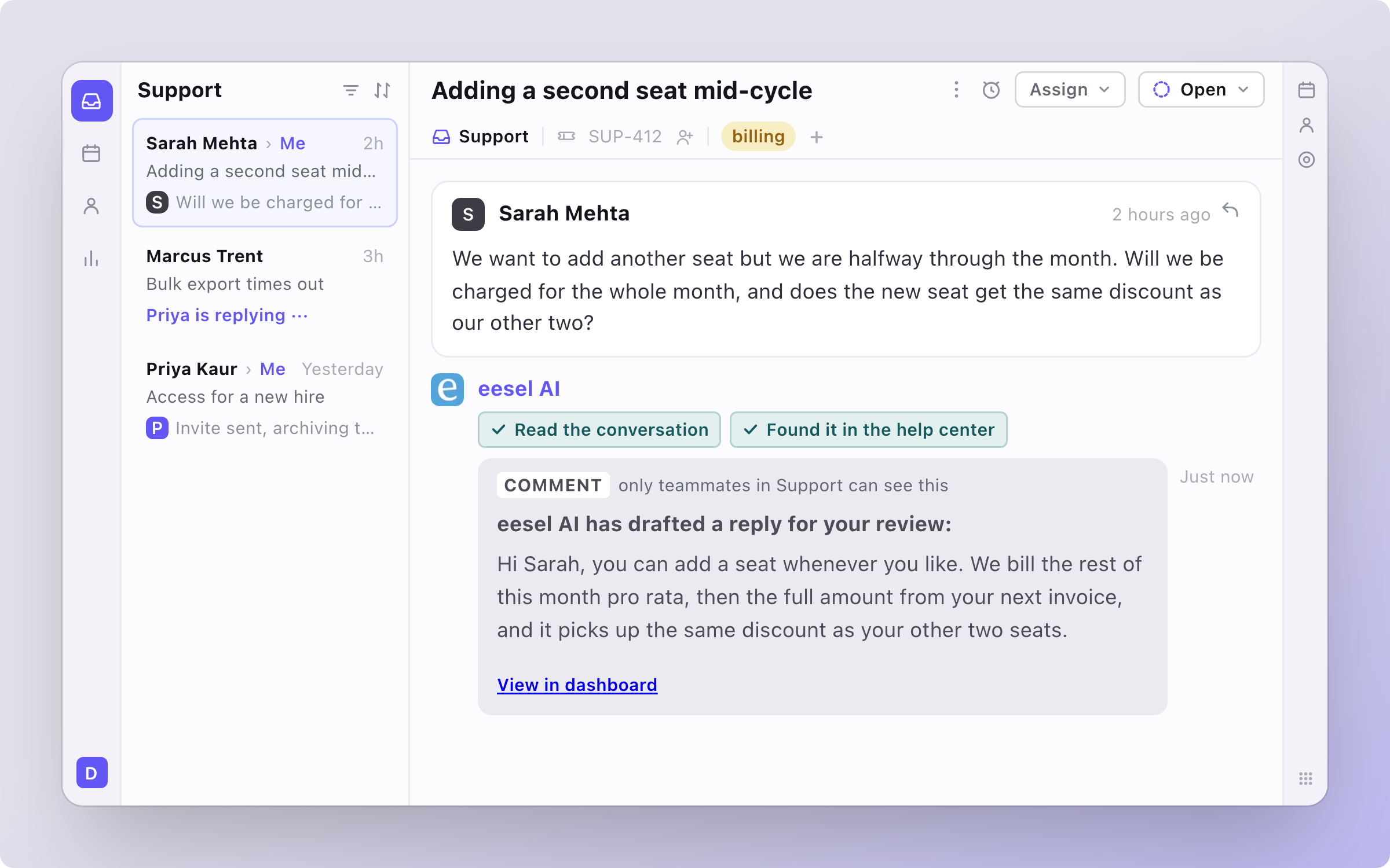 A Front conversation about adding a seat mid-cycle, assigned to eesel AI, with an internal comment showing what it read before answering