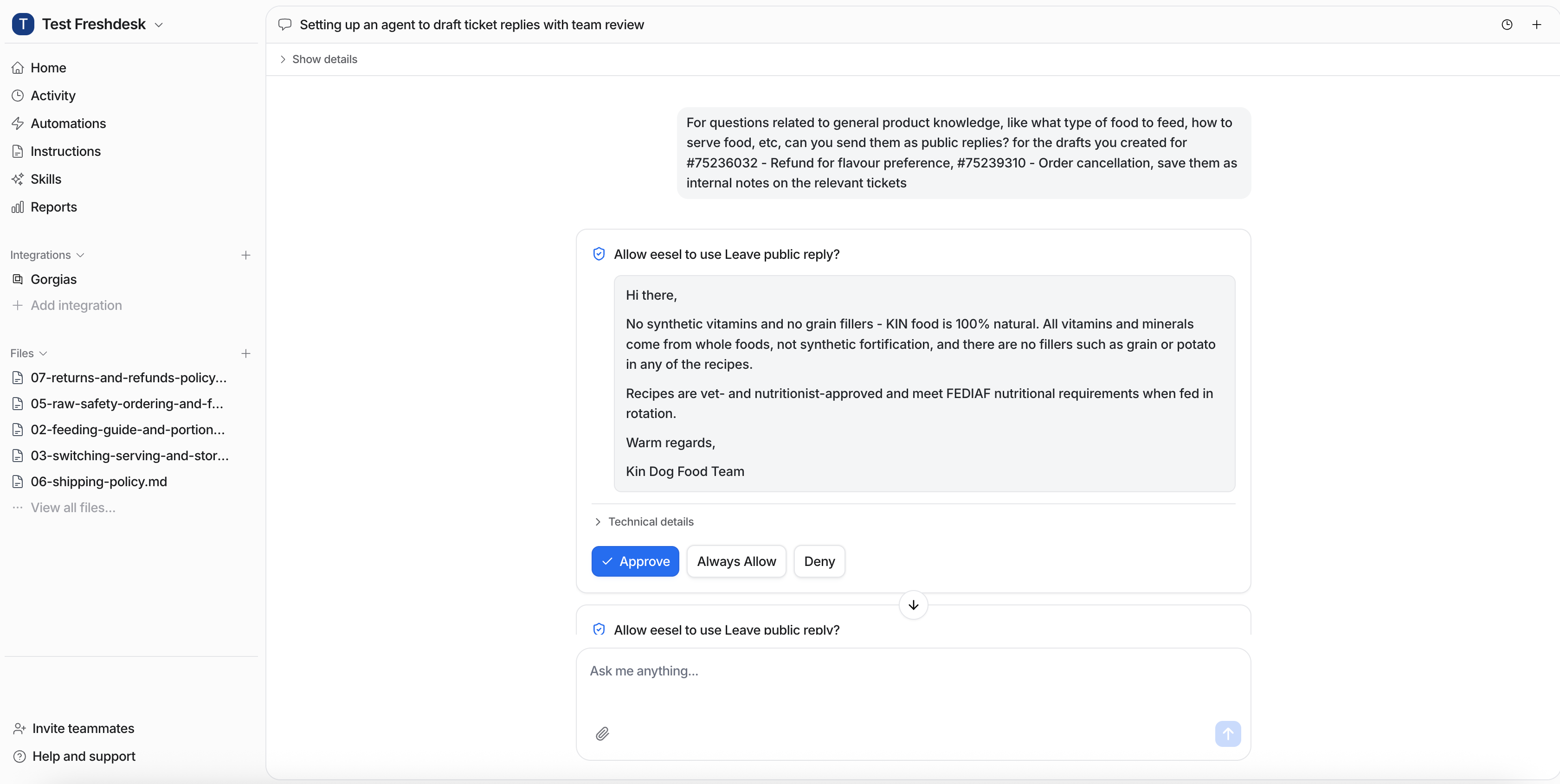 The dashboard showing an approval request, Allow eesel to use Leave public reply, with the drafted reply and Approve, Always Allow and Deny buttons