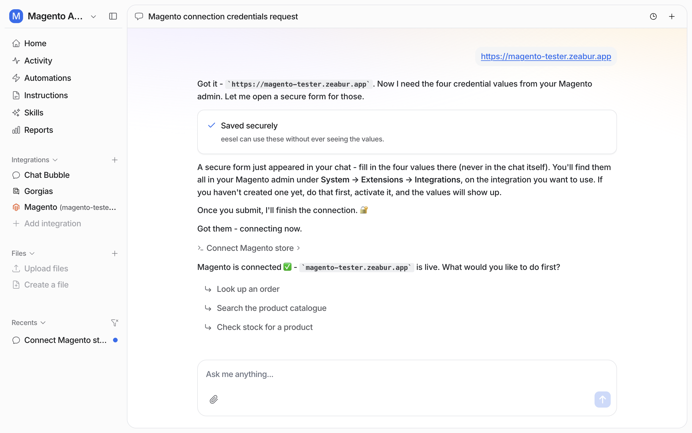 The dashboard chat confirming Magento is connected and live, with Magento now listed in the left sidebar