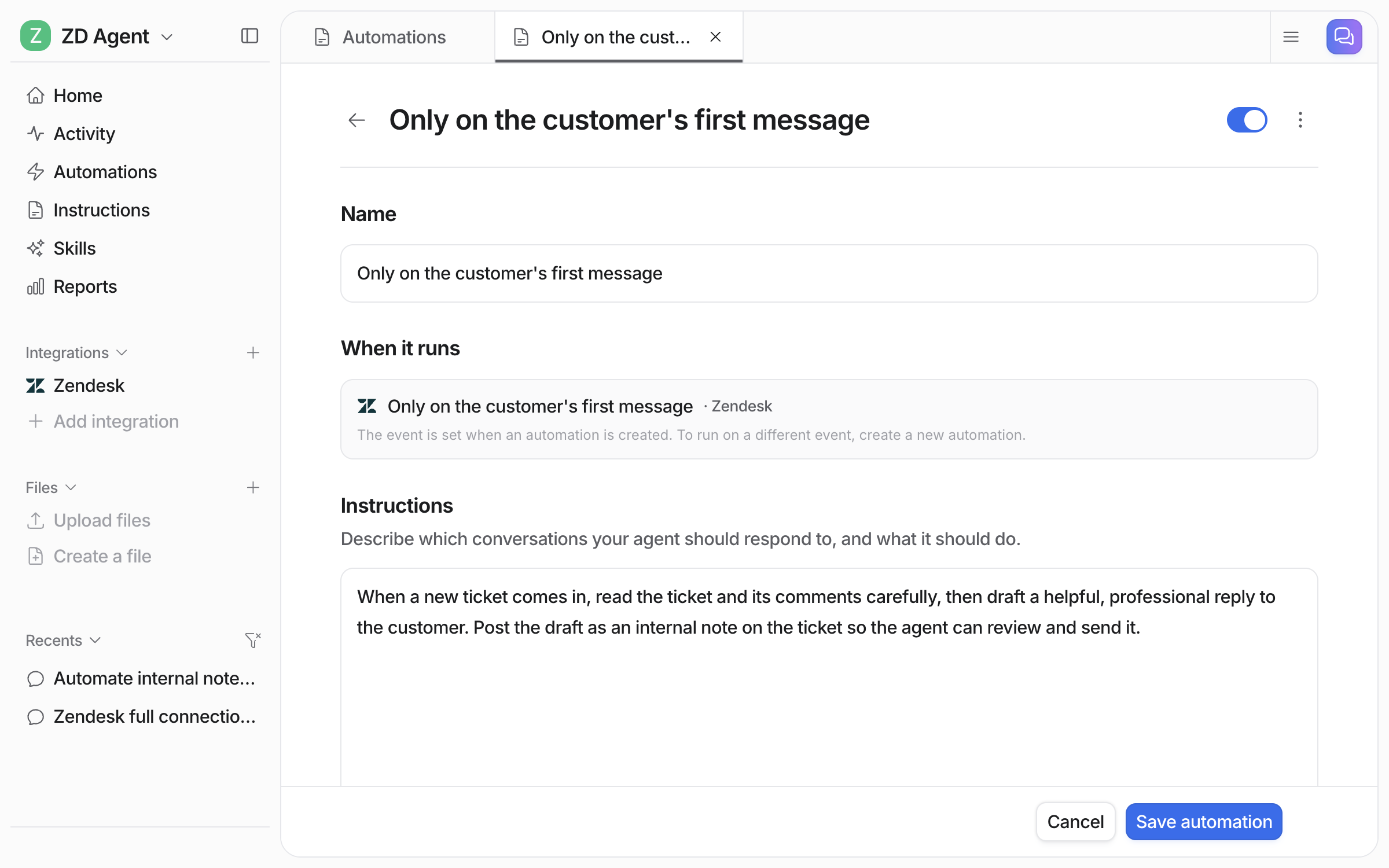 The automation editor showing its name, the Zendesk event it runs on, and the instructions telling the agent to draft a reply as an internal note