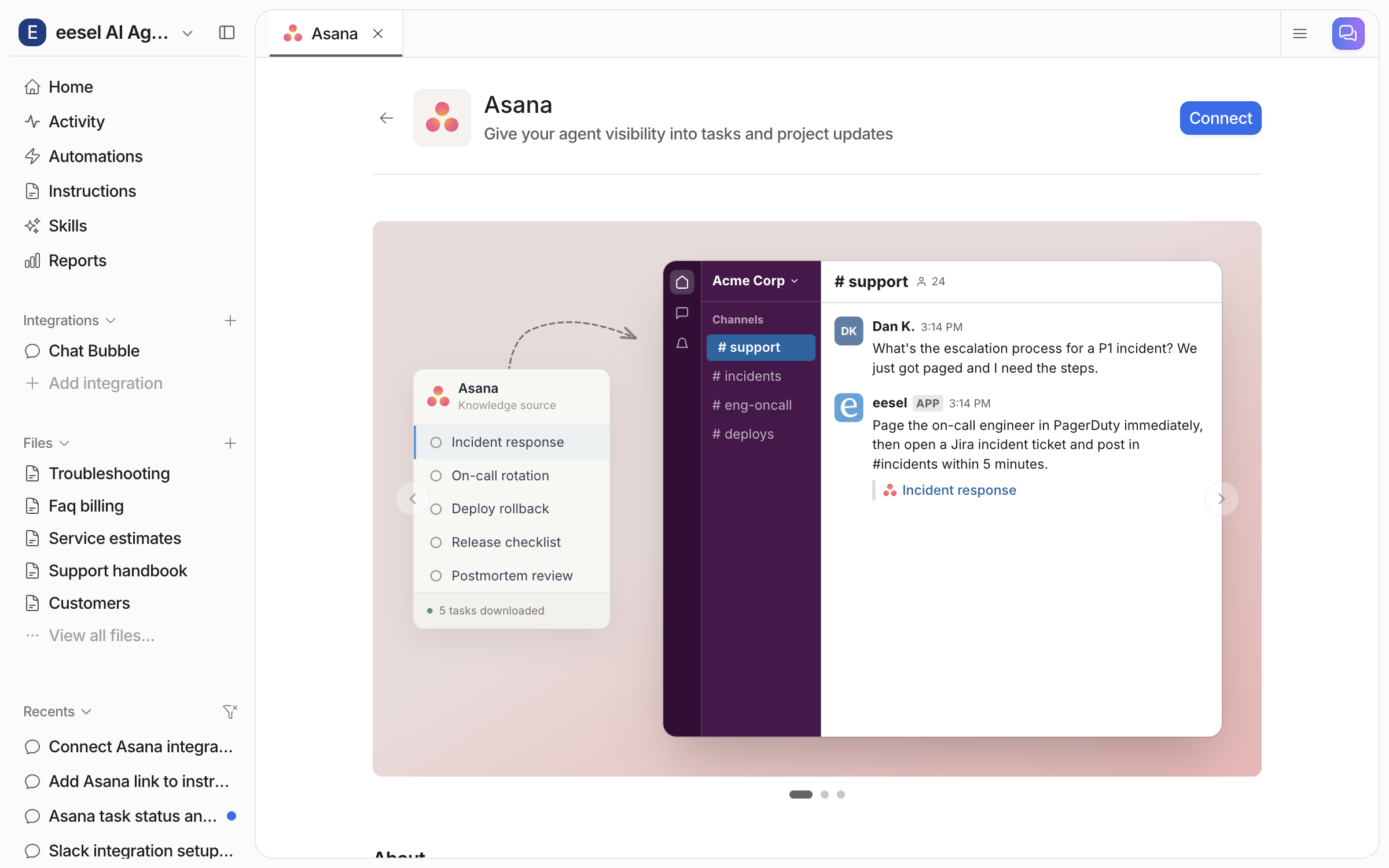 The Asana integration page in the eesel dashboard before connecting, with a Connect button and a preview of an agent answering from Asana tasks