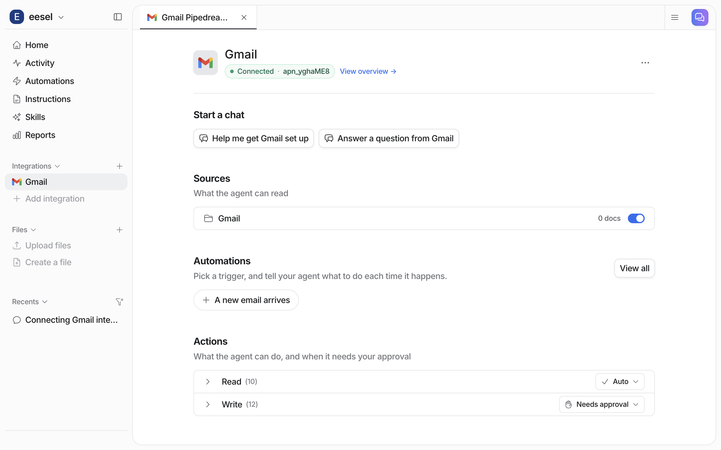 The Gmail integration page after connecting, showing Connected with the account, a Sources section listing the mailbox, an Automations section suggesting a new email trigger, and Actions with the Read group on Auto and the Write group on Needs approval