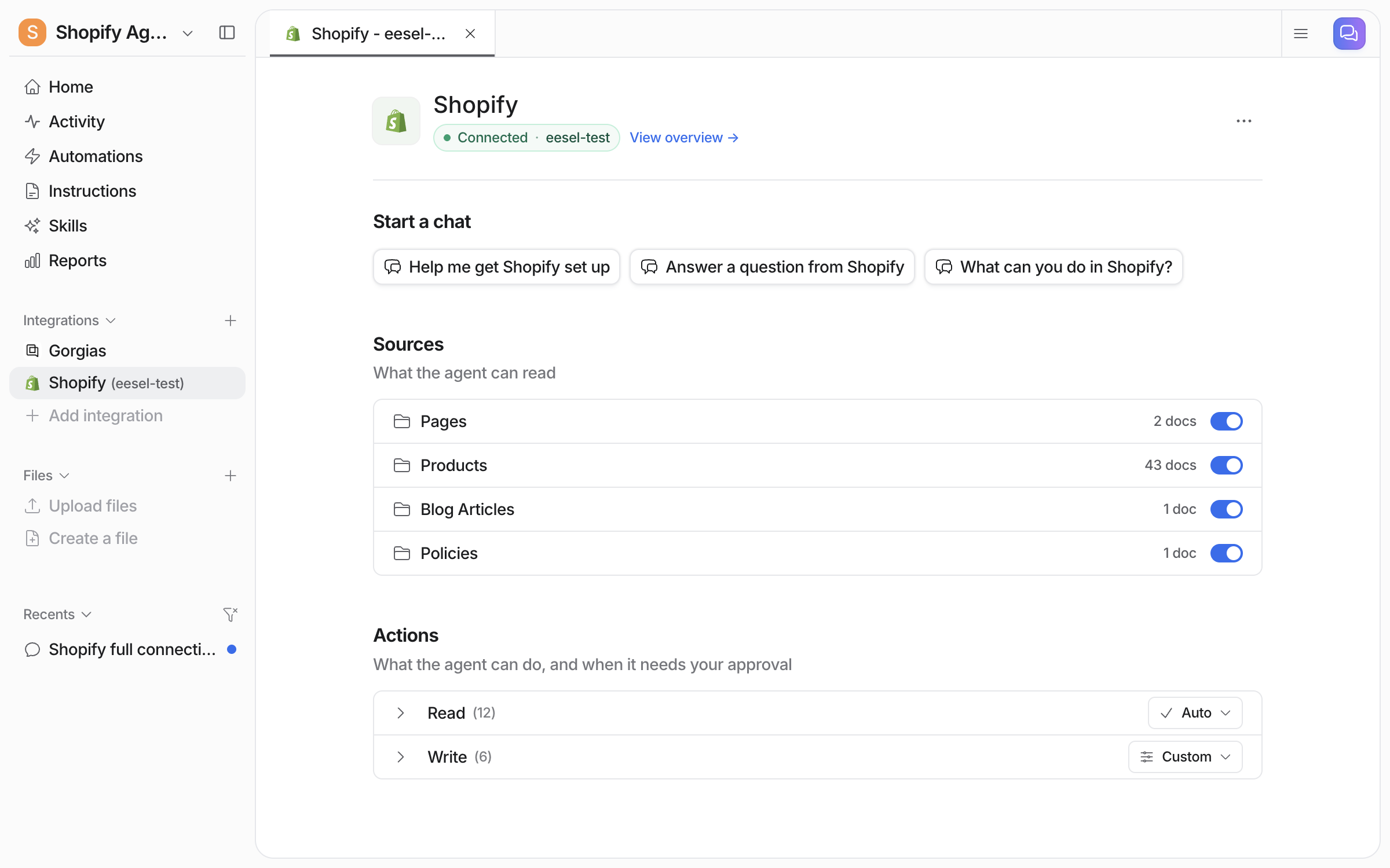 The Shopify integration page in the eesel dashboard showing Connected with the store name, Start a chat buttons, the Pages, Products, Blog Articles and Policies sources with document counts and switches, and the Read and Write action groups