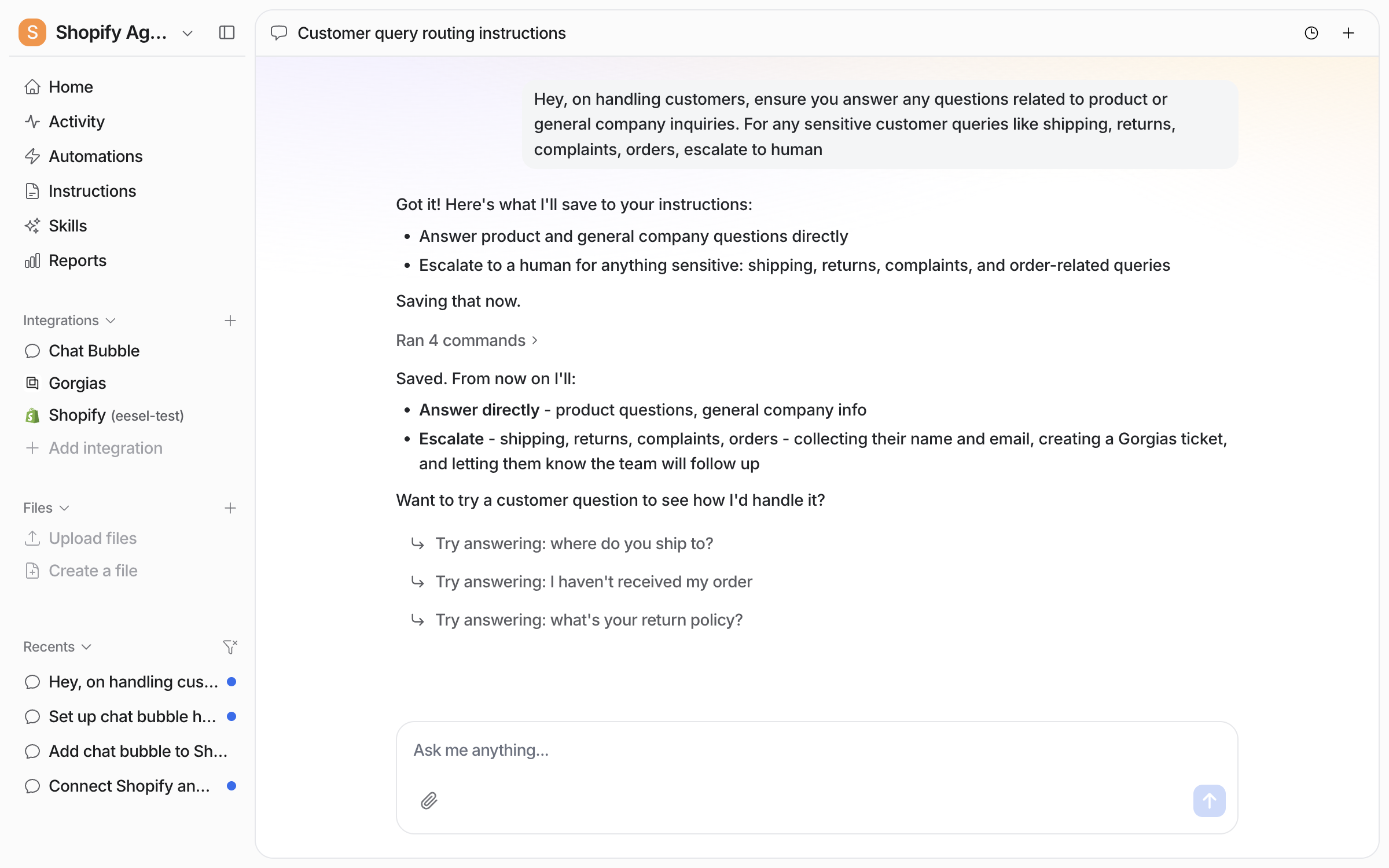 The dashboard chat where the user tells the agent which questions to answer directly and which to escalate to a person, and the agent saves the rule