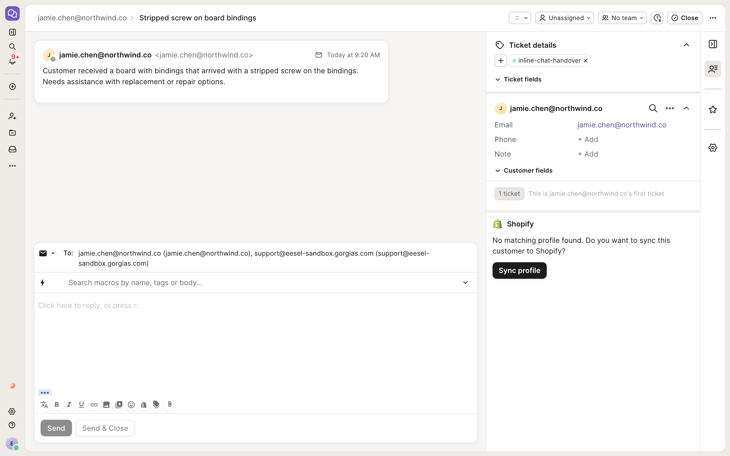 A Gorgias ticket from the inline chat handover, with the visitor's email as the requester, a summary of the stripped screw problem and the inline-chat-handover tag