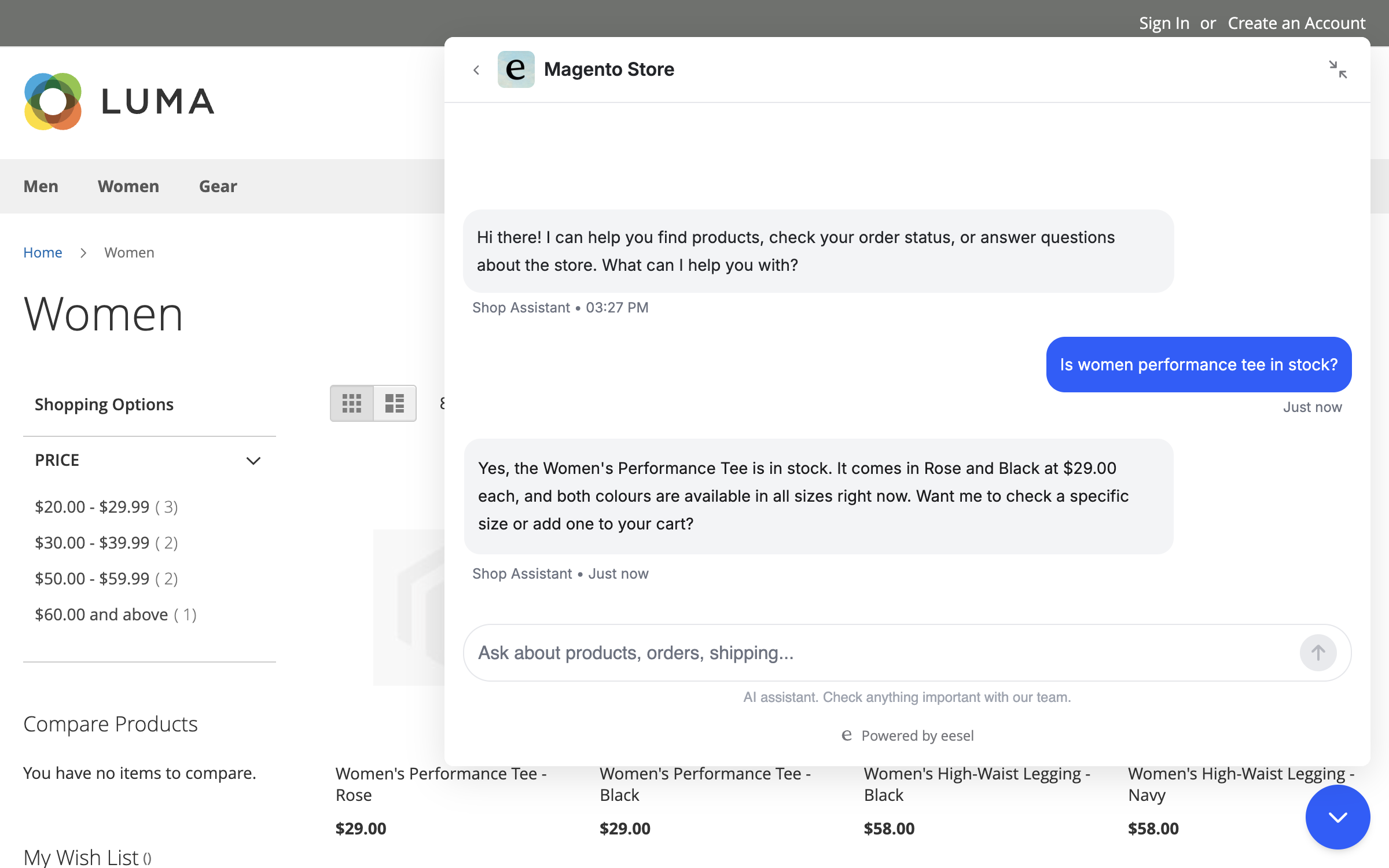 The eesel chat bubble in full-screen mode on a storefront category page, answering a shopper's stock question with availability and price