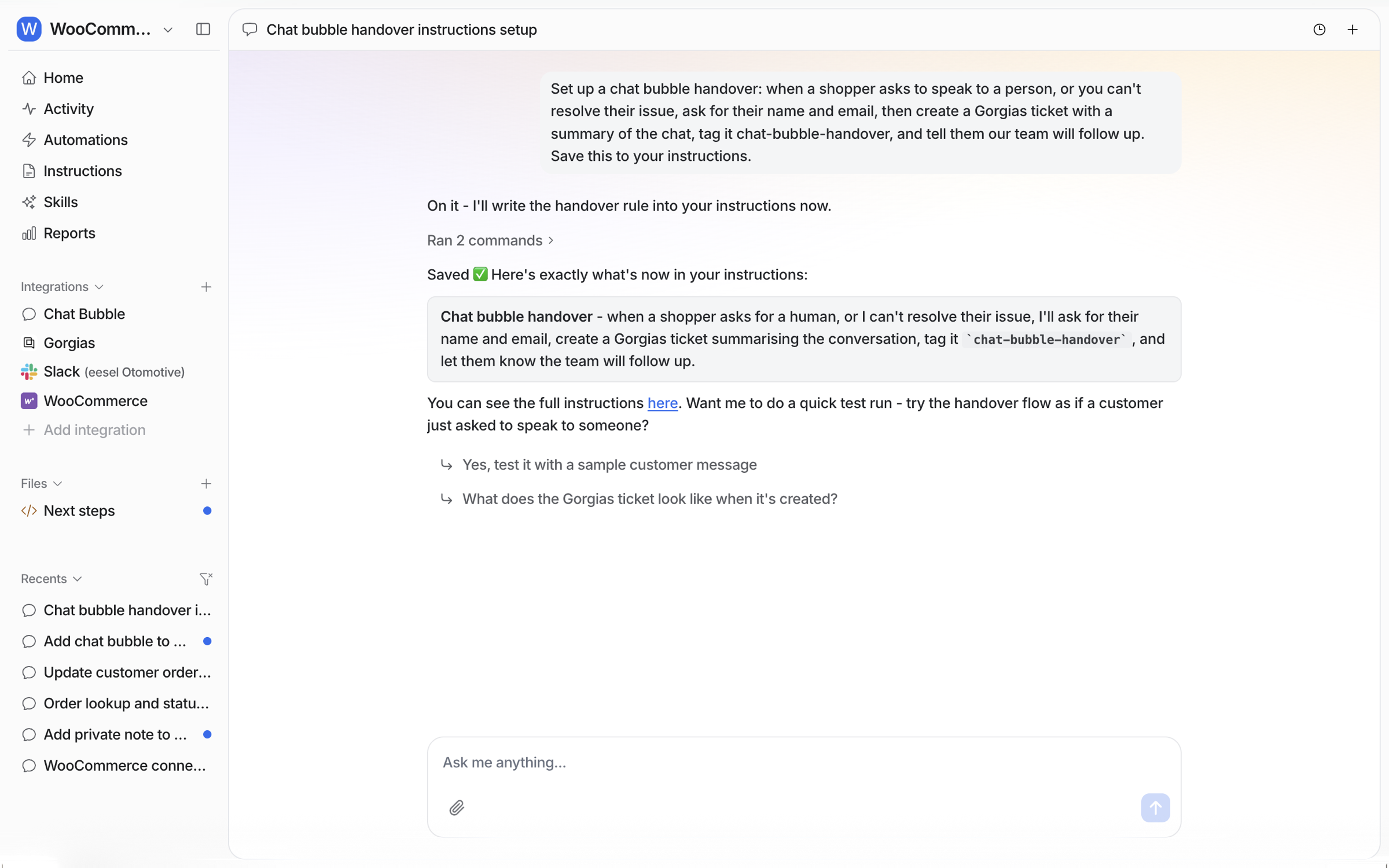 The dashboard chat where the user sets up a chat bubble handover and the agent confirms it saved the rule to its instructions
