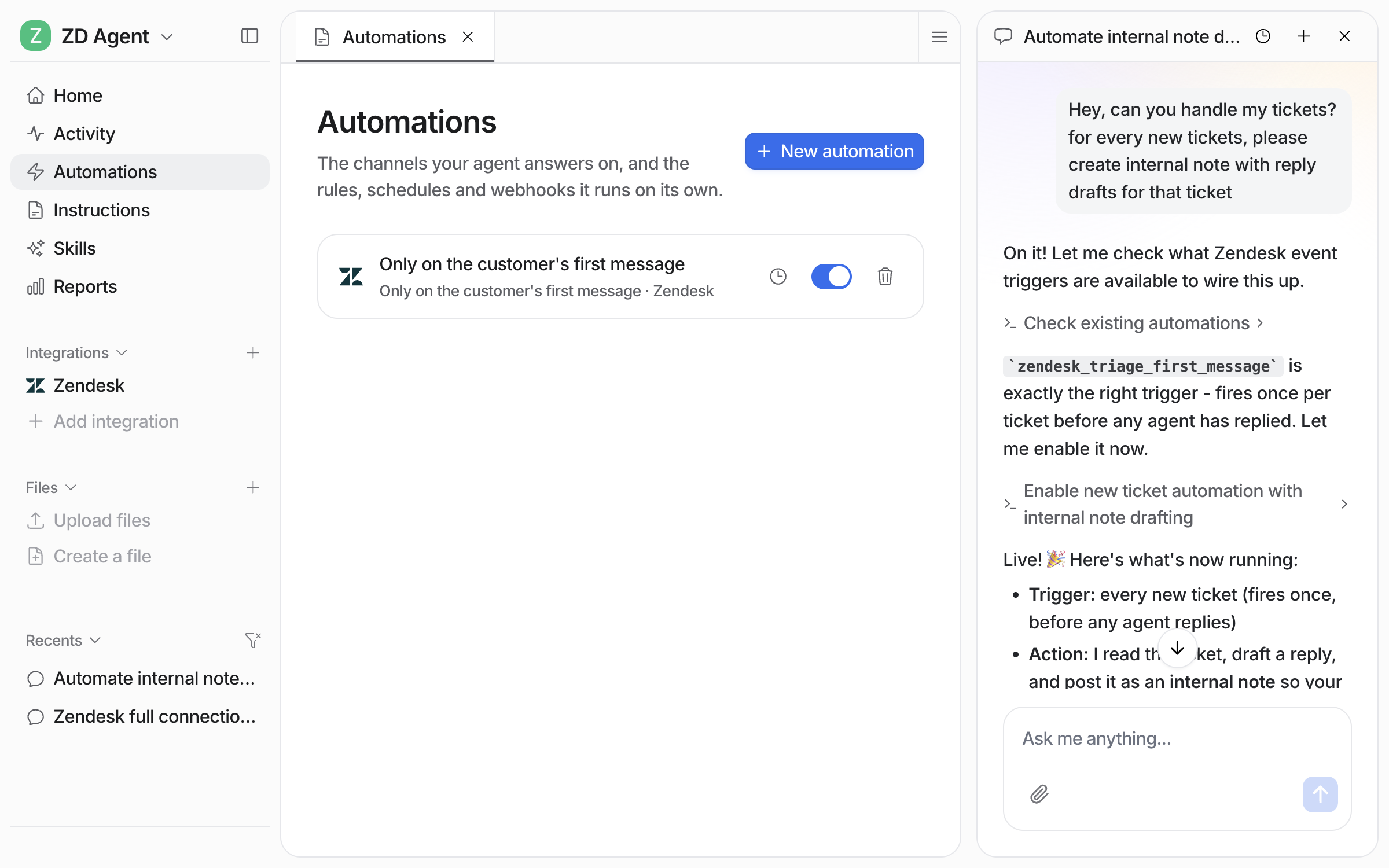 The Automations page in eesel with the new Zendesk automation listed and toggled on