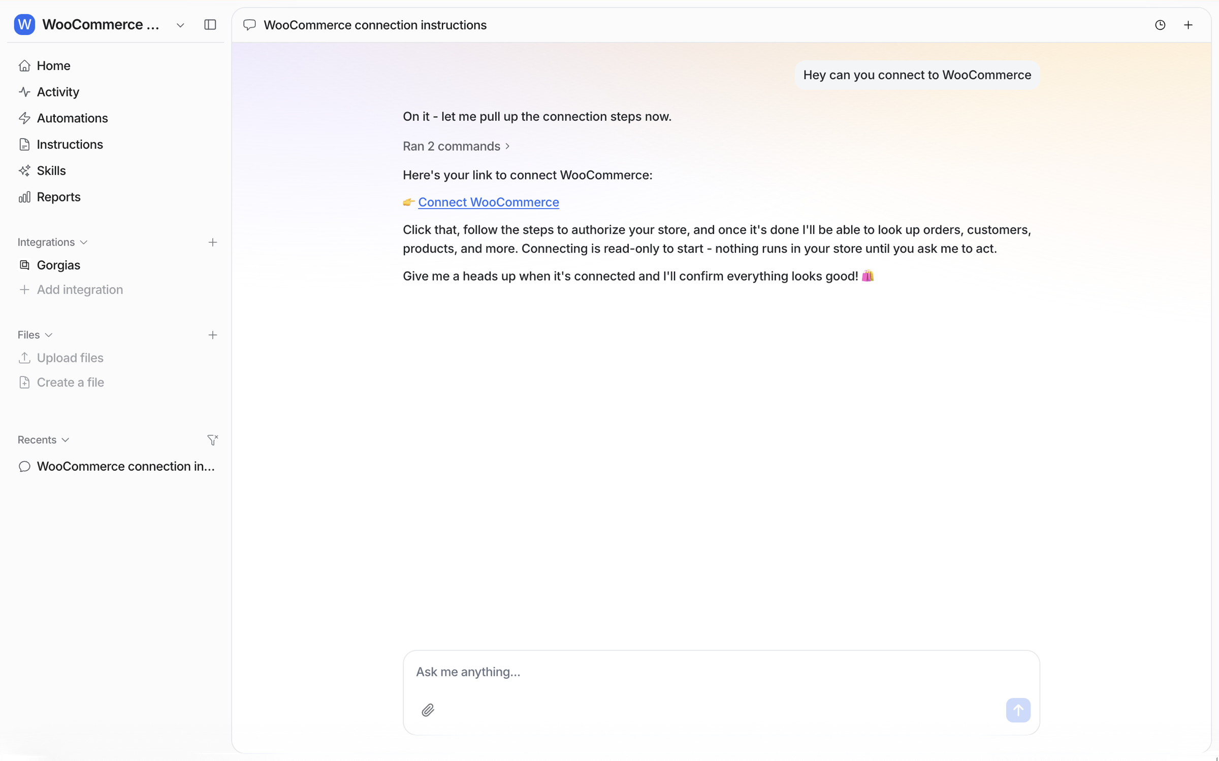 The dashboard chat where the user asks to connect WooCommerce and the agent posts a Connect WooCommerce link