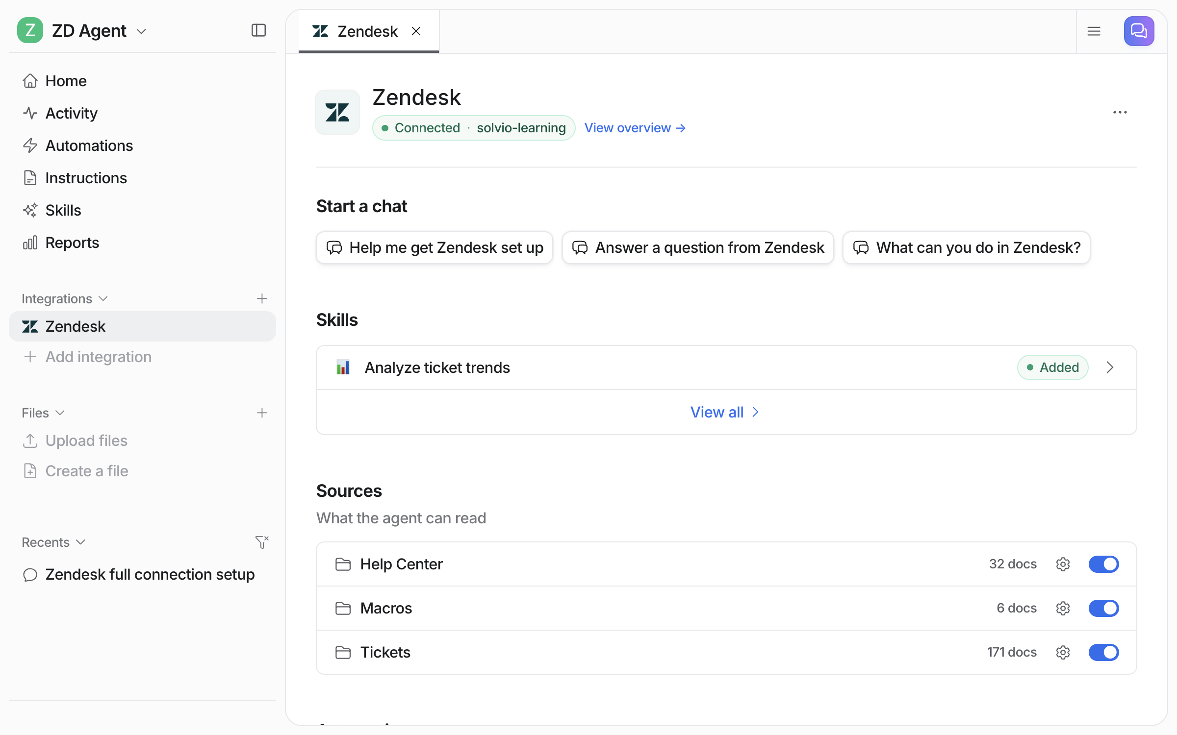 The connected Zendesk integration page in eesel, listing Help Center, Macros and Tickets as sources with document counts and toggles
