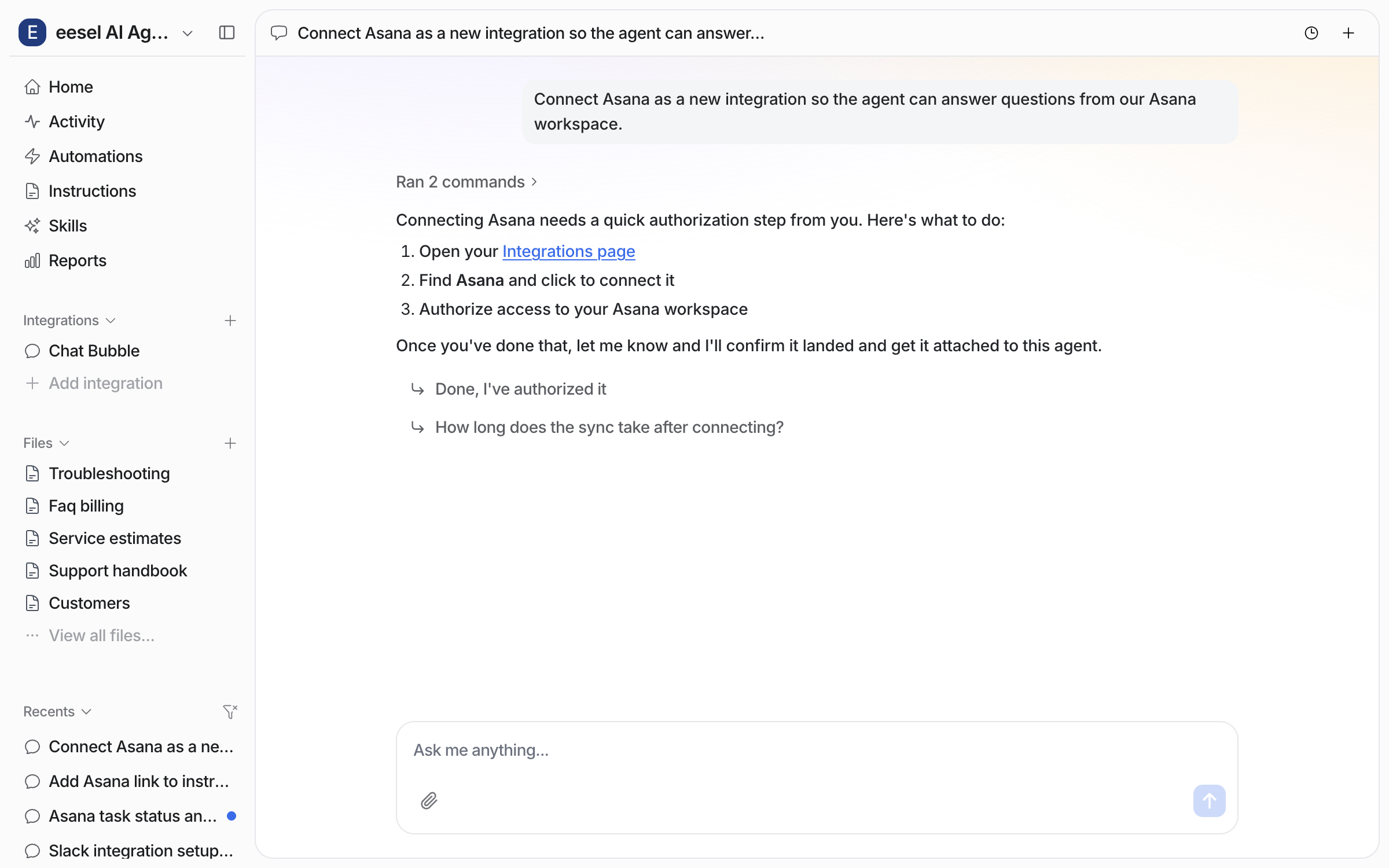 The dashboard chat where the user asks to connect Asana and the agent lists the steps to open the Integrations page, find Asana and authorize the workspace