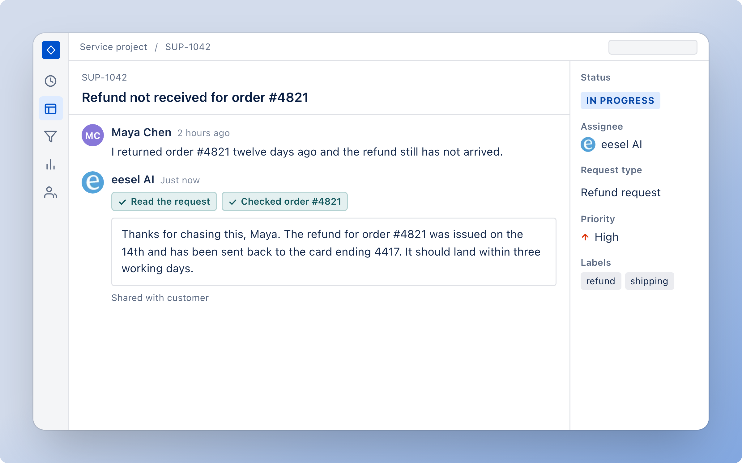 A Jira Service Management request about a missing refund, assigned to eesel AI, with the reply it shared with the customer after reading the request and checking the order