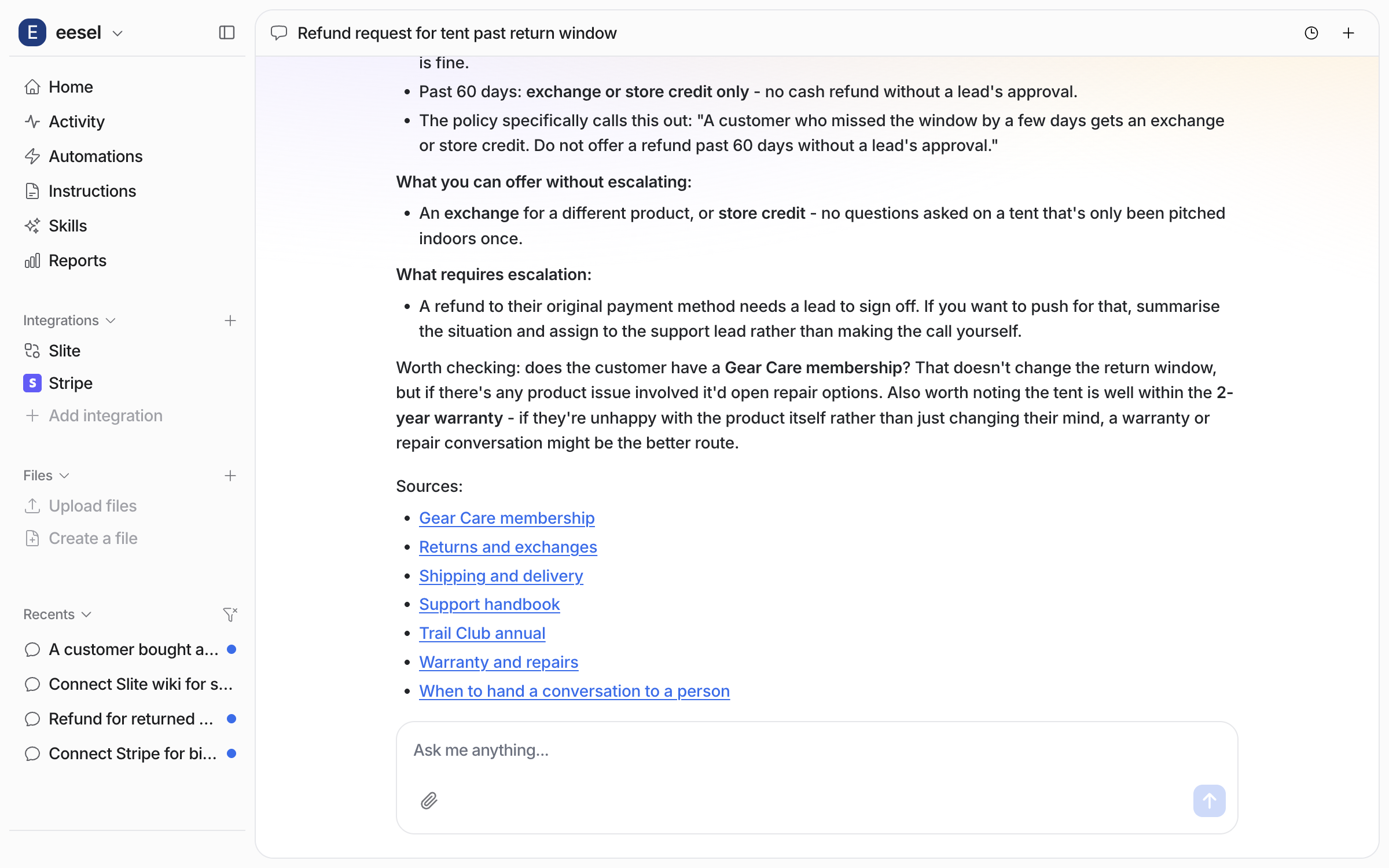 The same answer continued, ending with a Sources list of the wiki pages it read