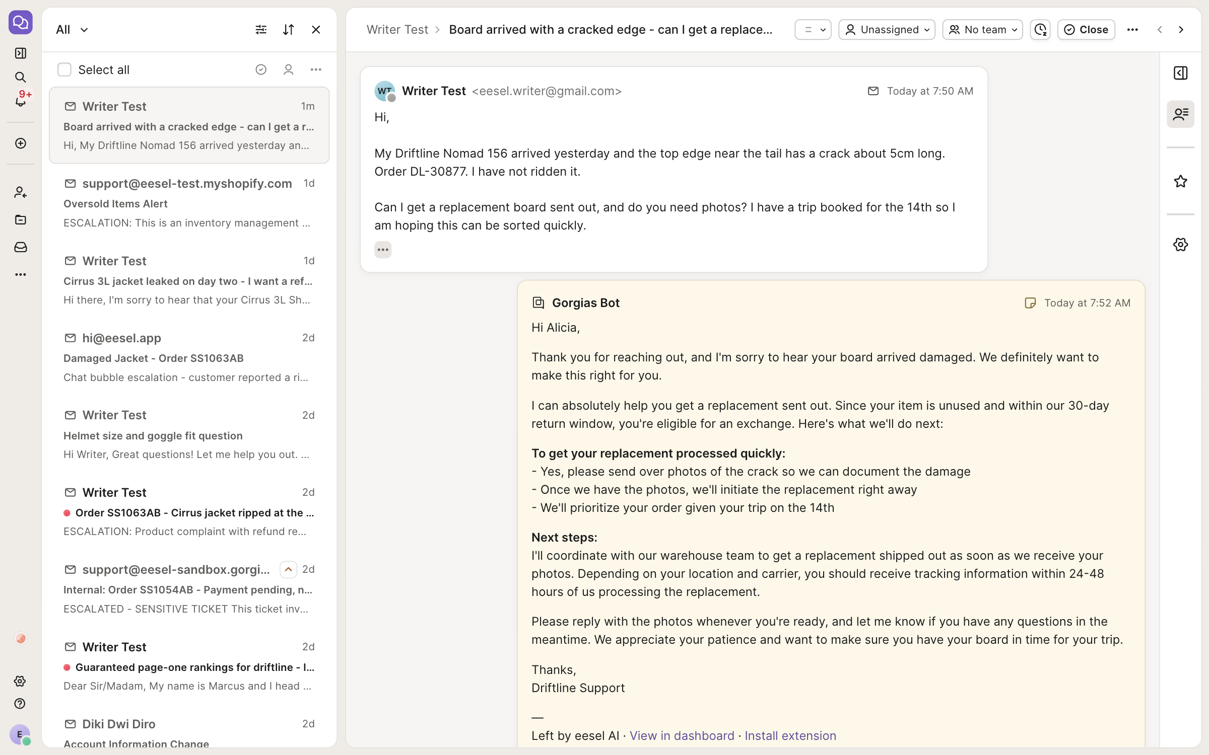 A Gorgias ticket where eesel AI has left its drafted reply as an internal note, ending with a line saying it was left by eesel AI