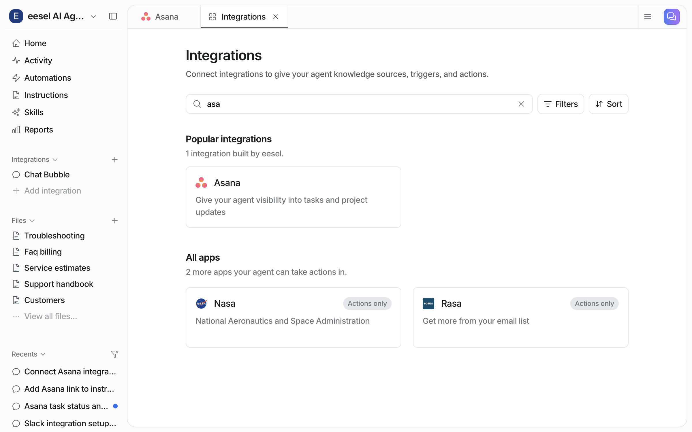 The eesel Integrations page with a search for Asana, showing the Asana card under Popular integrations and two other apps under All apps