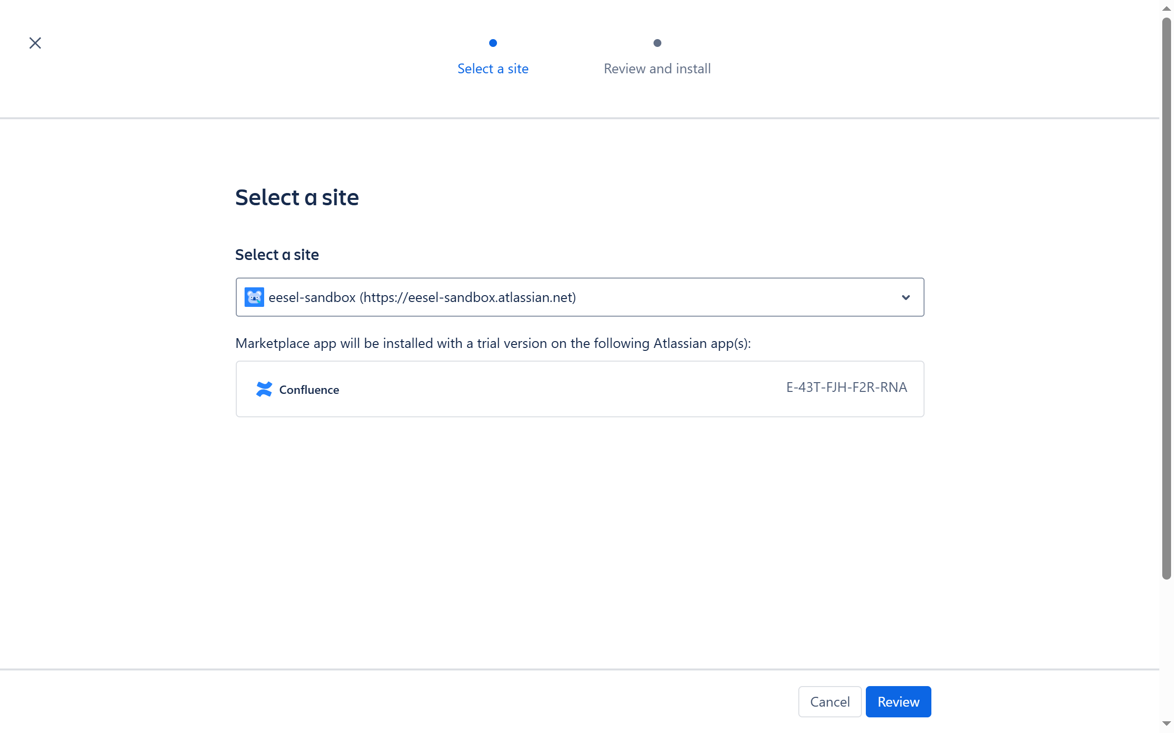 Atlassian's Select a site step with a Confluence Cloud site chosen and a Review button