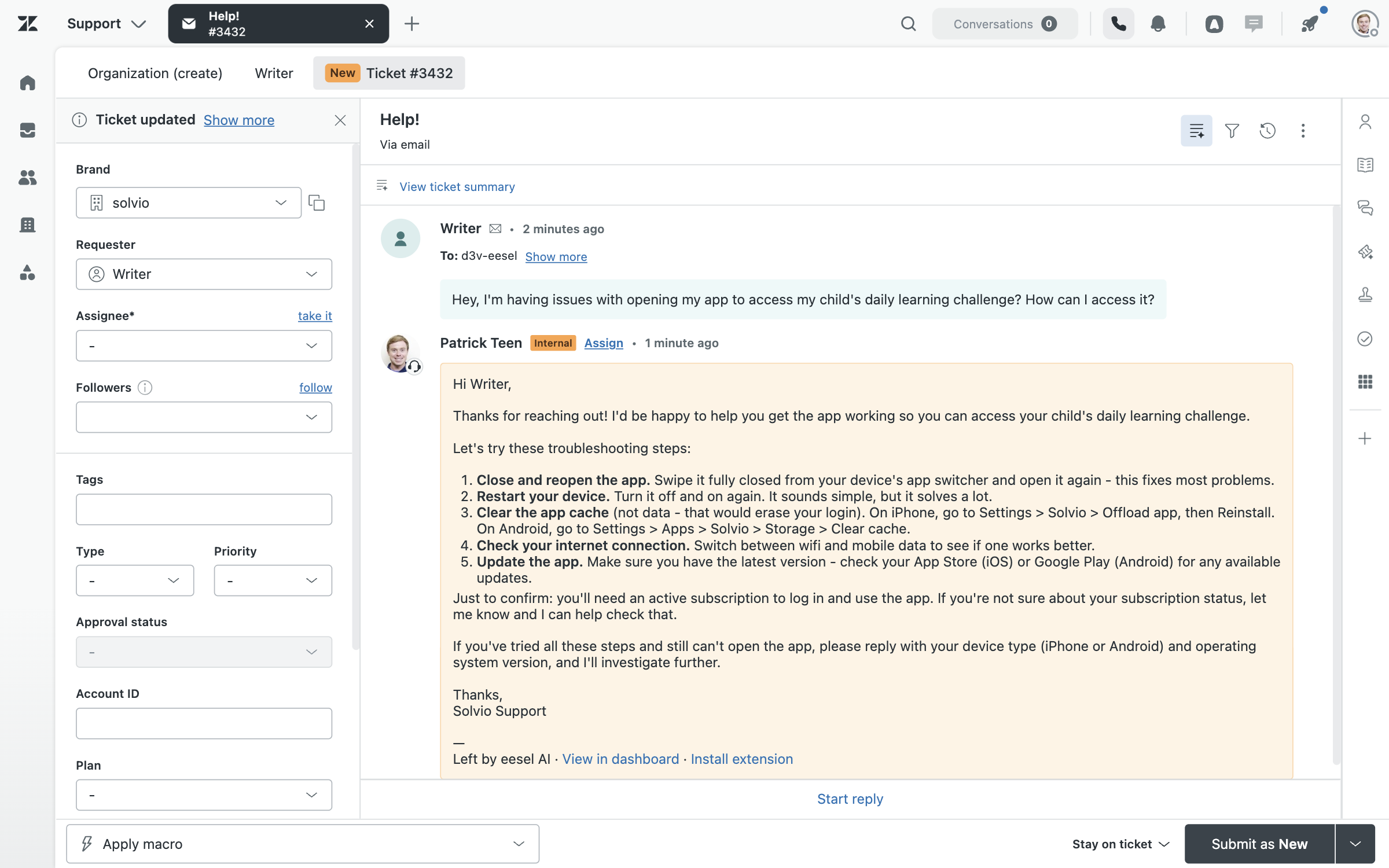 A Zendesk ticket where eesel AI has posted its drafted reply as an internal note, with troubleshooting steps and a line saying it was left by eesel AI