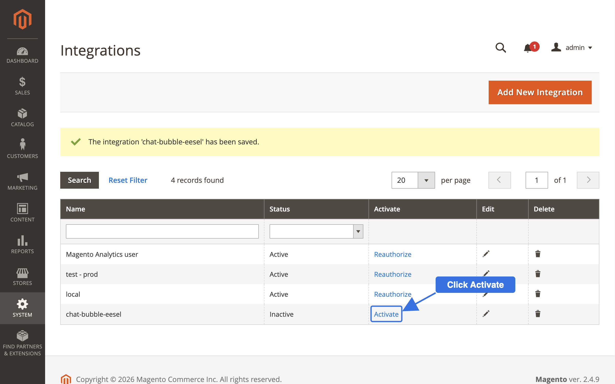 The Magento Integrations list with the newly saved integration showing as Inactive and a callout on its Activate link
