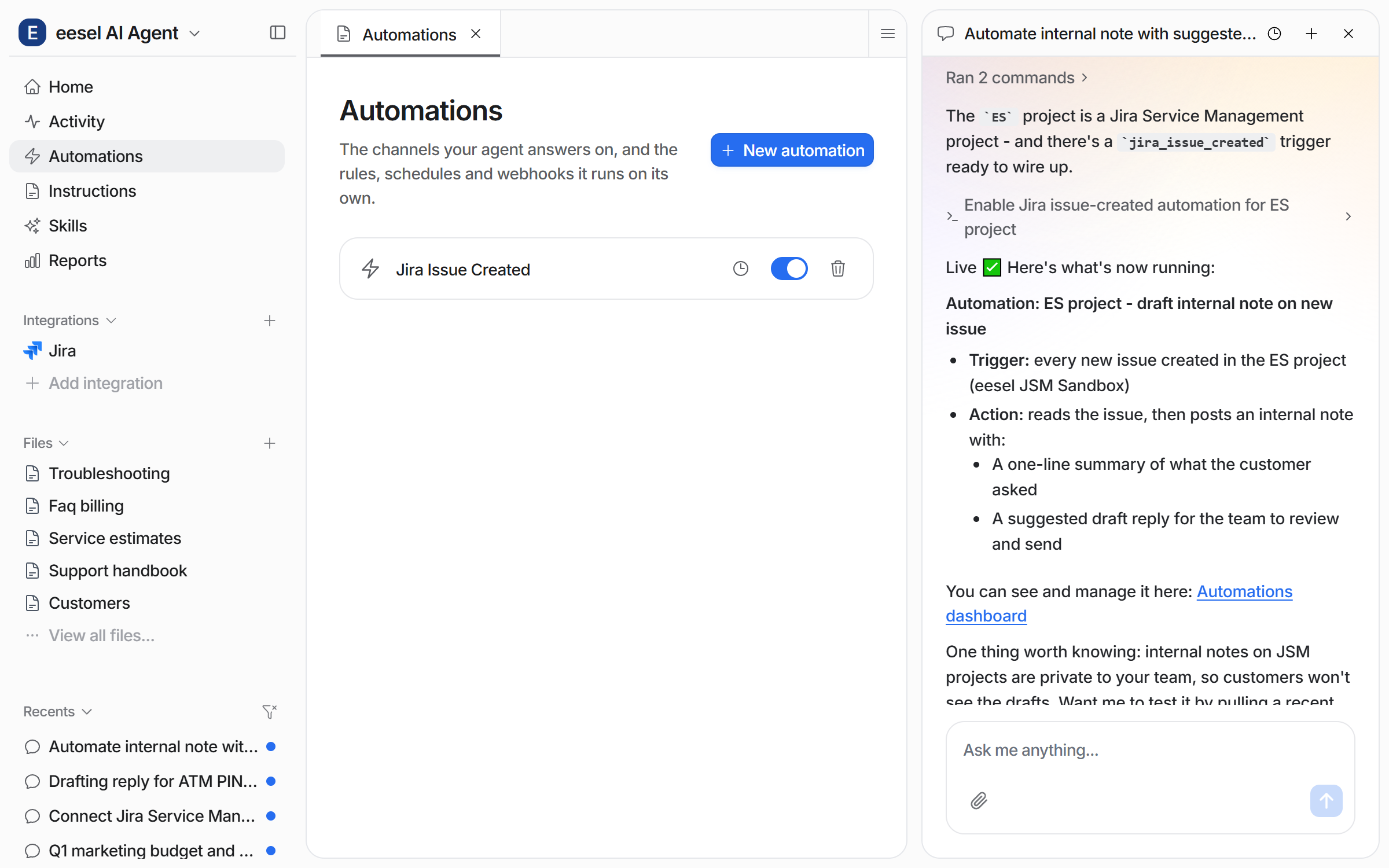 The Automations page in eesel with the Jira Issue Created automation switched on, and the chat open beside it reporting the trigger and the action