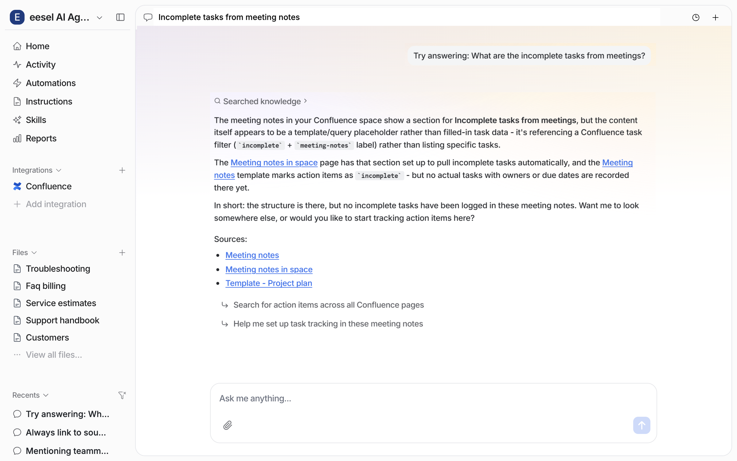 The dashboard chat answering a question from the indexed Confluence pages, with a Sources list linking each page used