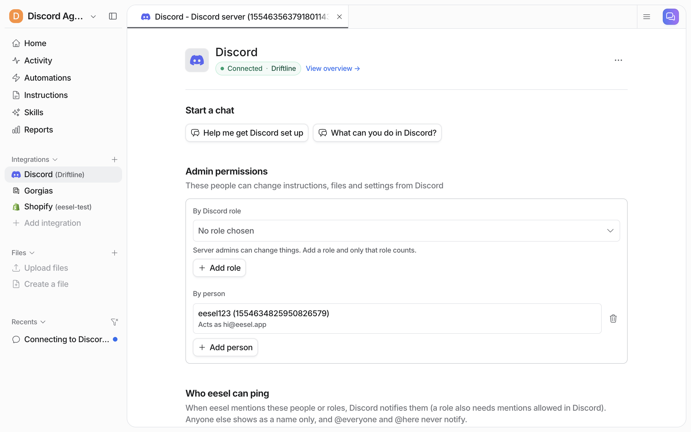 The Discord page in the eesel dashboard showing Connected with the Driftline server, the Admin permissions section with the installer listed by person, and the start of Who eesel can ping
