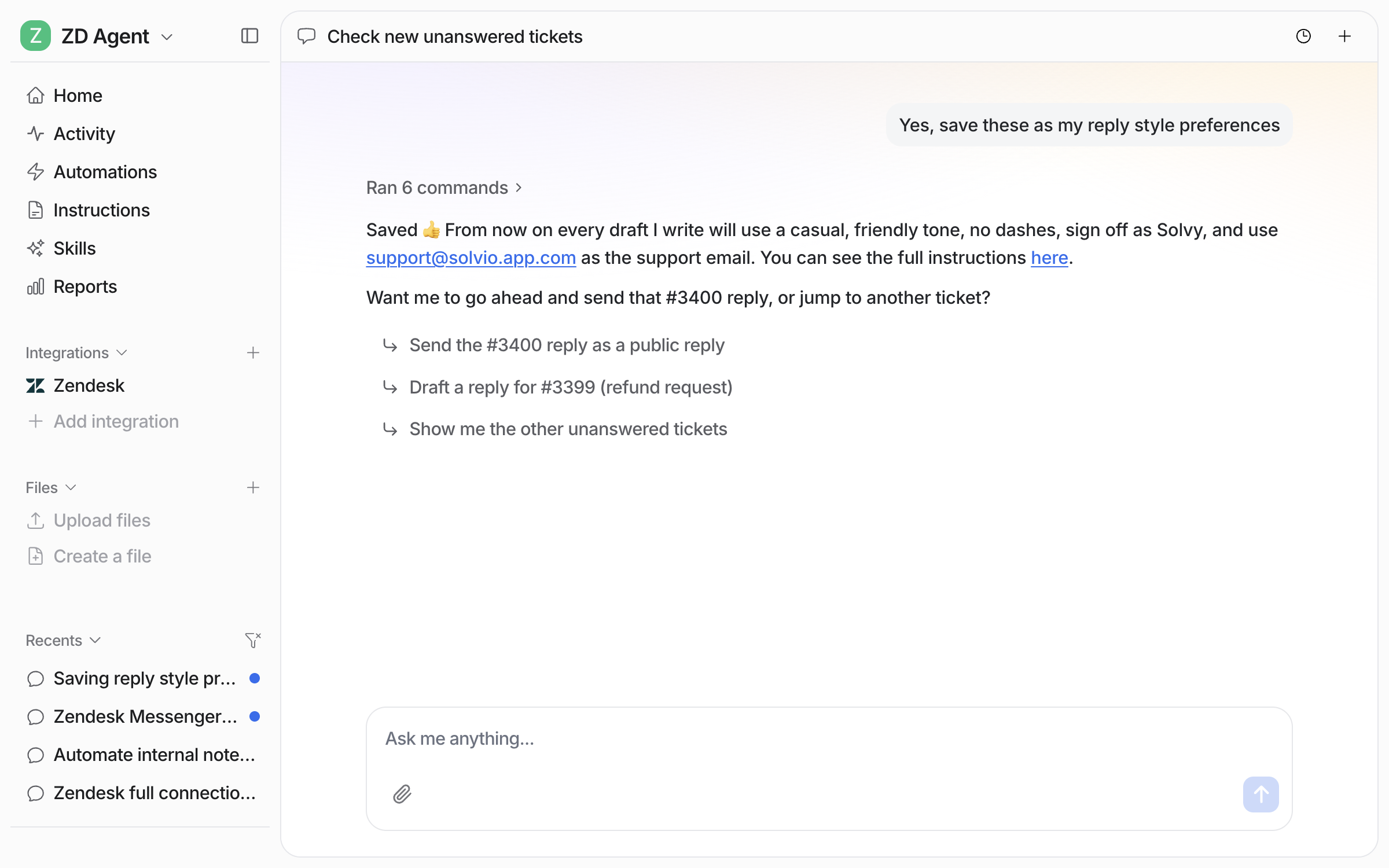 The agent confirming it has saved the reply style preferences, with a link to the full instructions