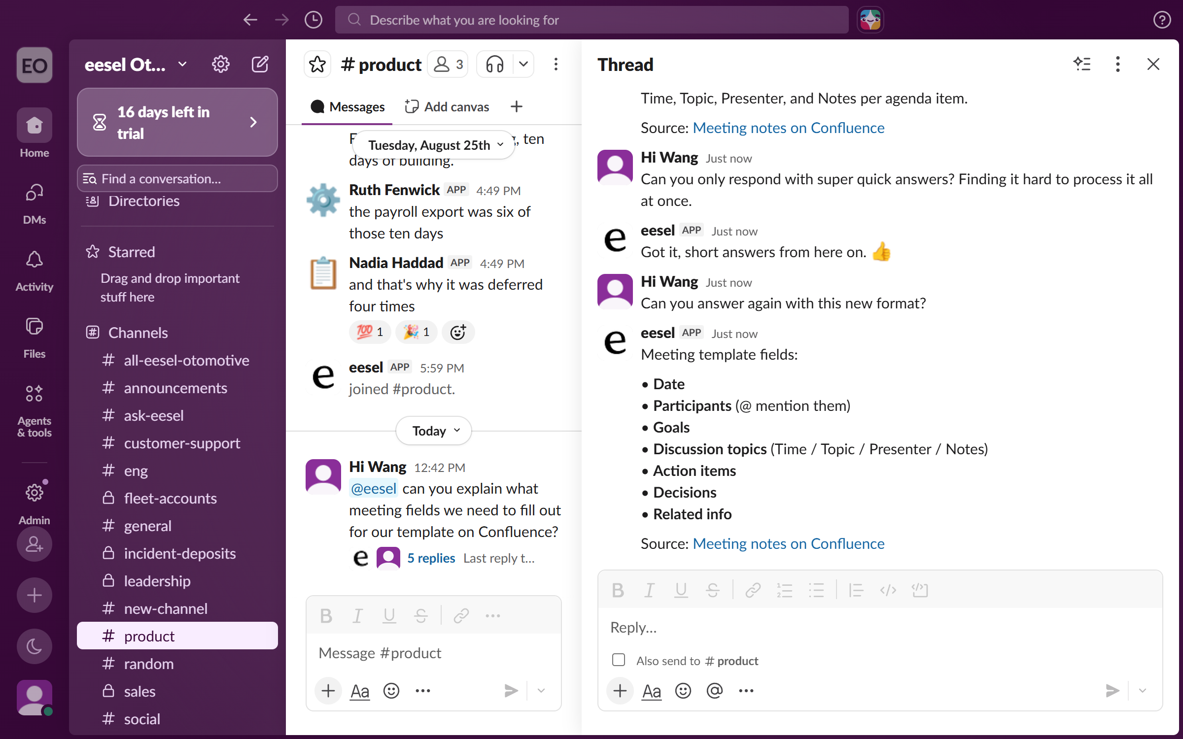 The same Slack thread later, where the teammate asks for shorter answers and the eesel app adjusts and answers again