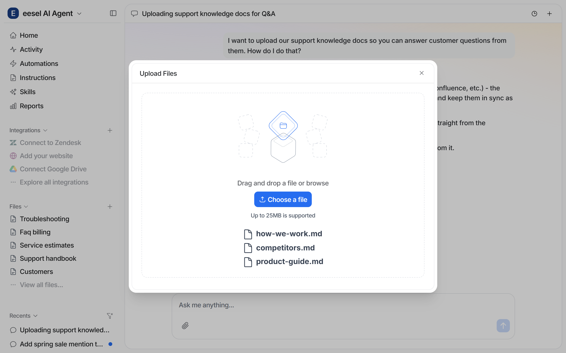 The dashboard chat with the Upload Files modal open in front of it, showing a drag and drop area, a Choose a file button, the 25MB limit, and three files ready to upload