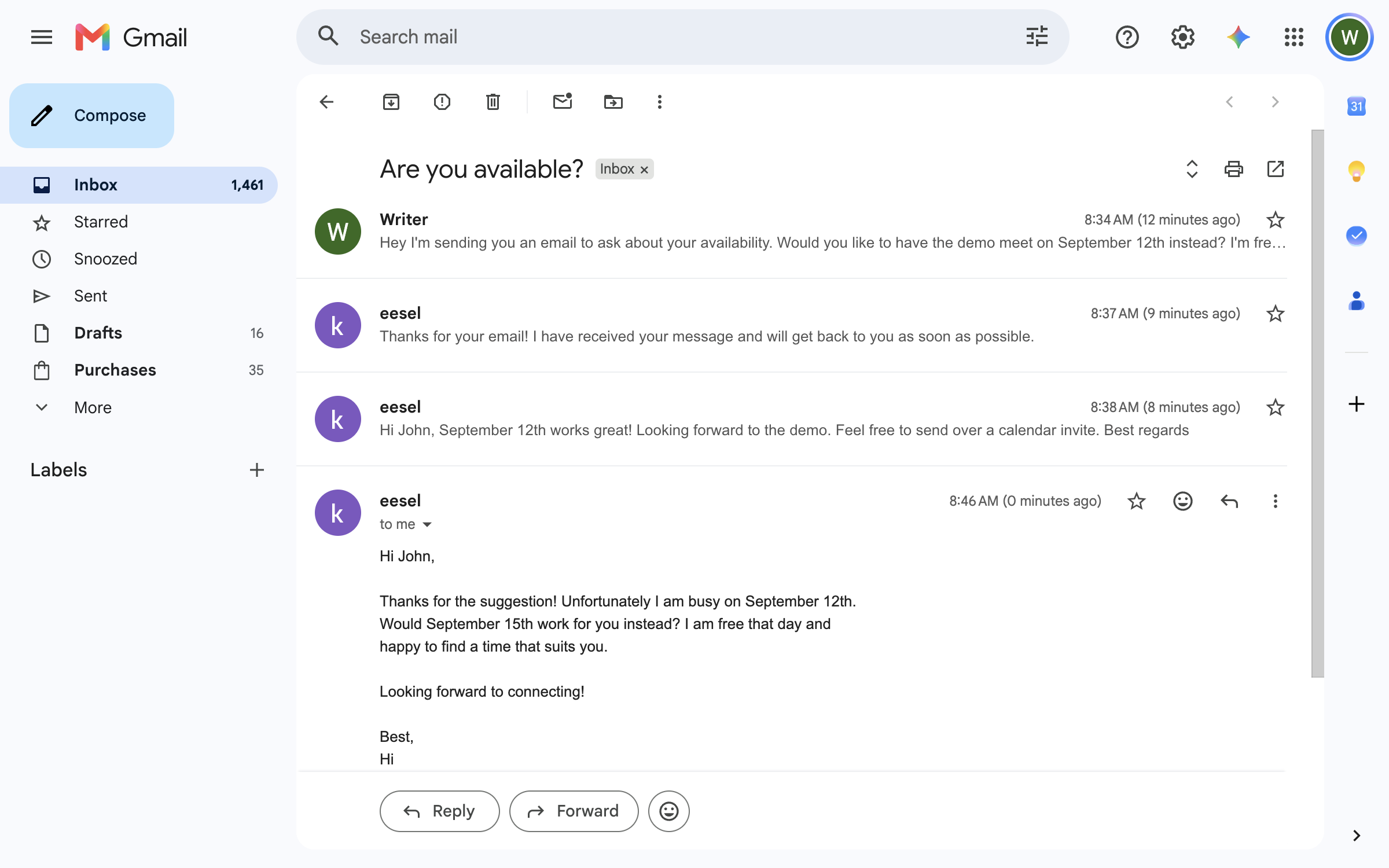 The Gmail thread showing the follow-up email the agent sent from the connected account, below the earlier messages in the same thread