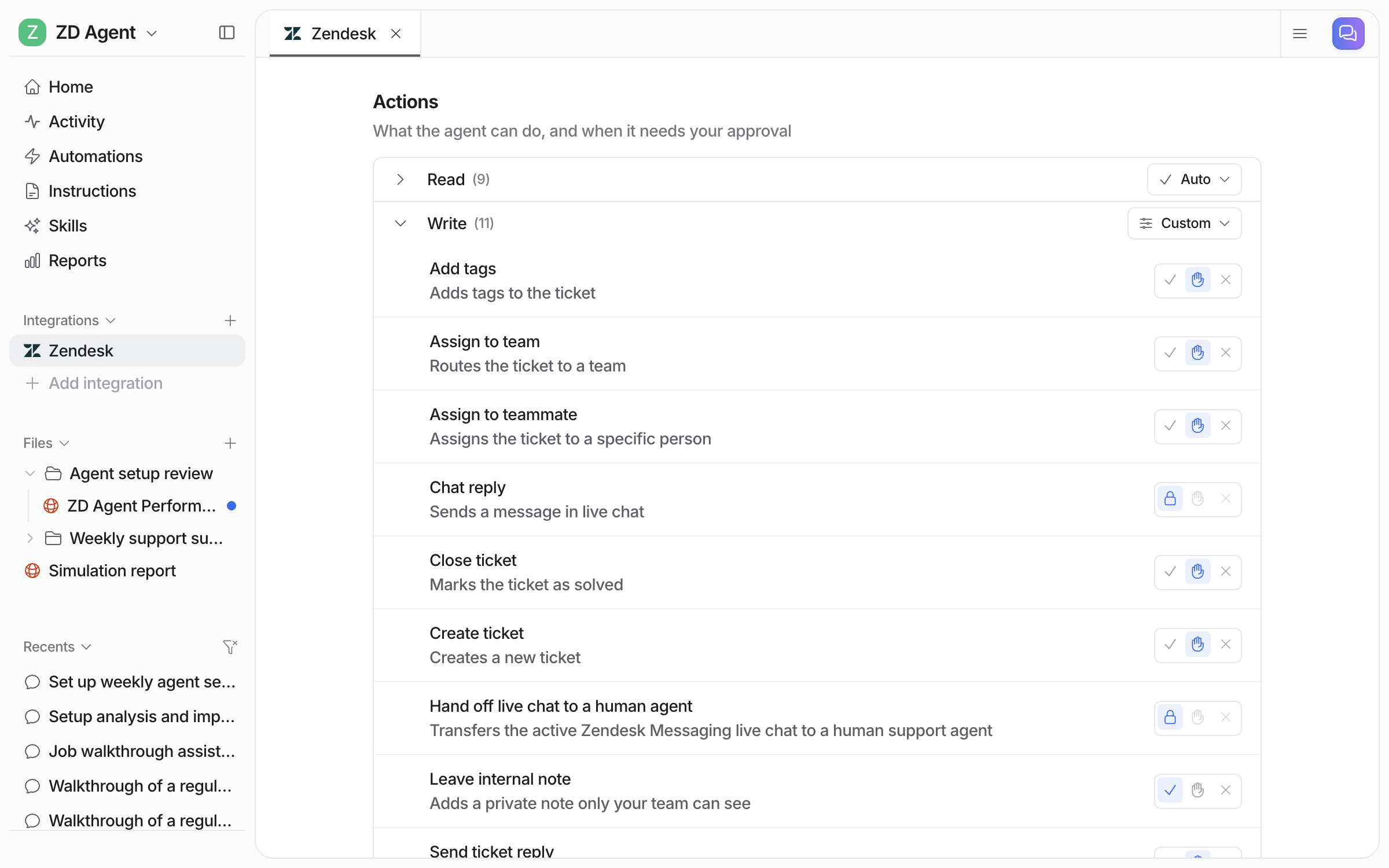 The same page with the Write group expanded and set to Custom, showing Add tags, Assign to team, Close ticket and Create ticket on Needs approval and Leave internal note on Auto