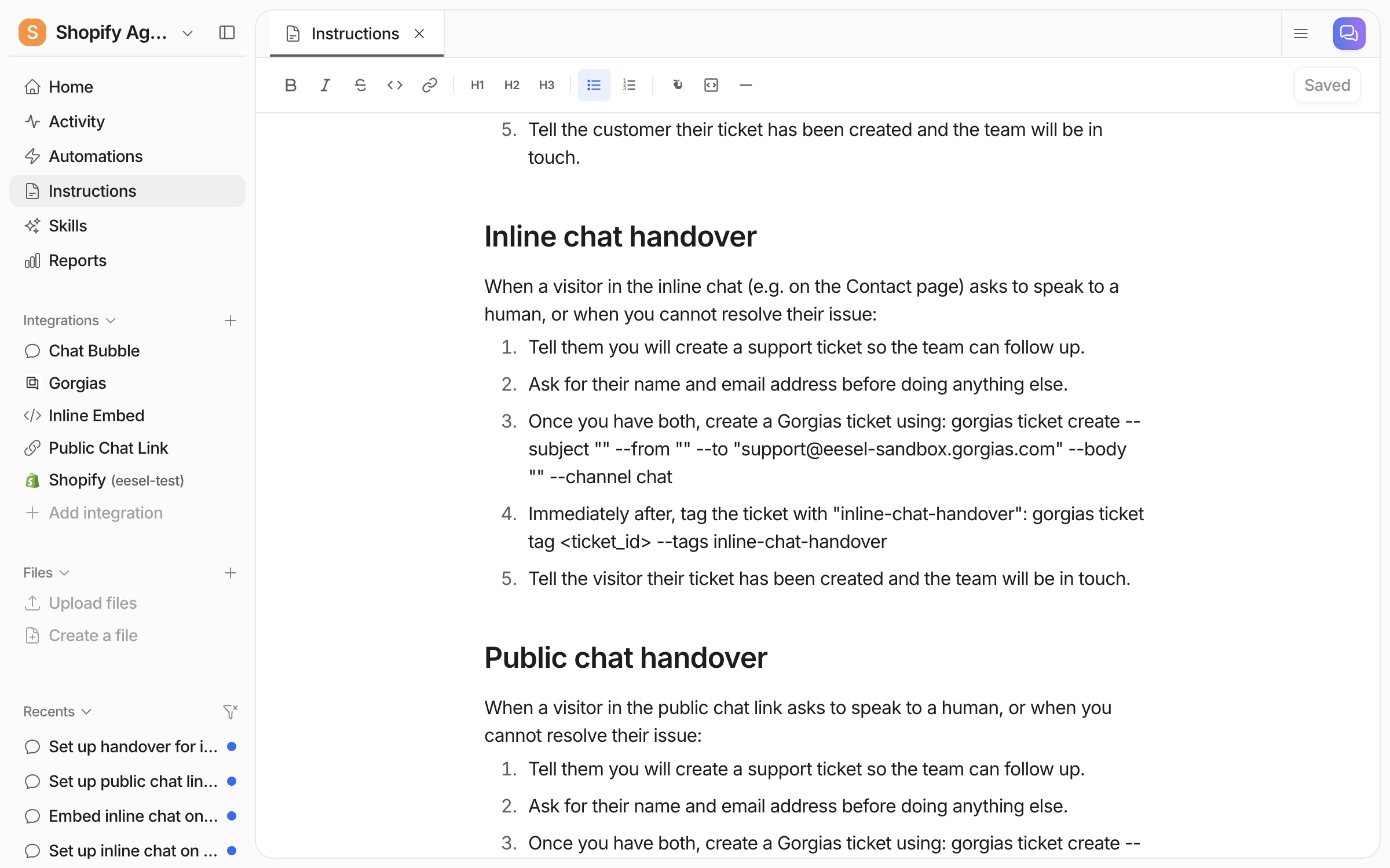 The Instructions page with an Inline chat handover section: tell the visitor, ask for name and email, create a Gorgias ticket, tag it inline-chat-handover, confirm