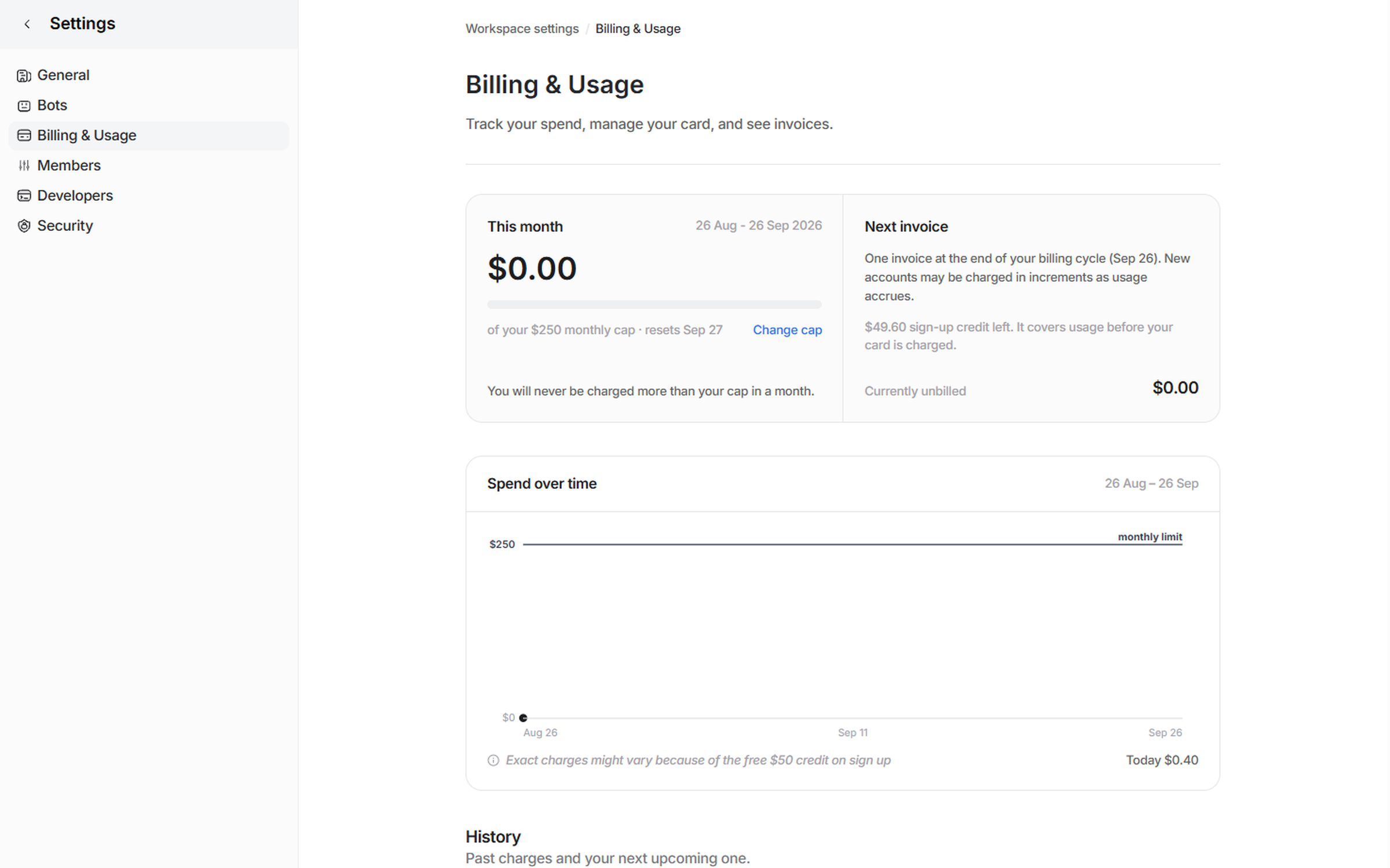 The Billing & Usage page showing this month's spend against a $250 monthly cap, the next invoice date, remaining sign-up credit and a spend over time chart