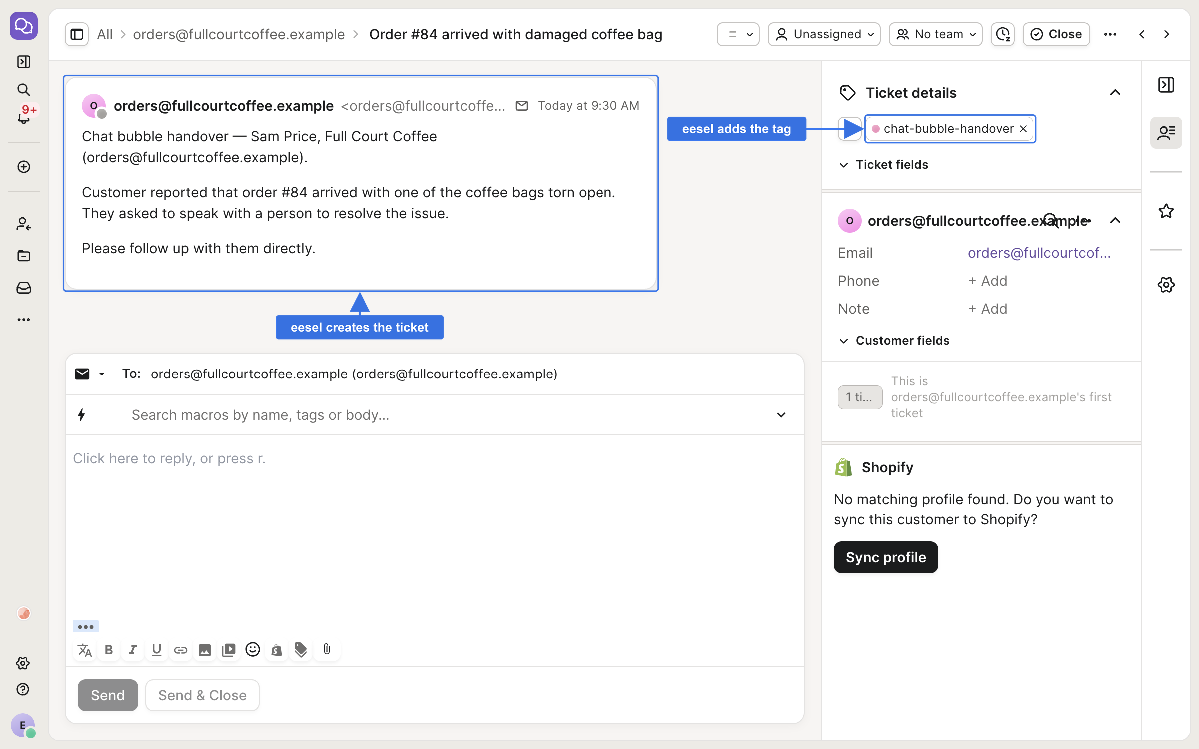 A Gorgias ticket for order 84 with the chat-bubble-handover tag, the shopper's email as the requester and a summary of the chat as the first message