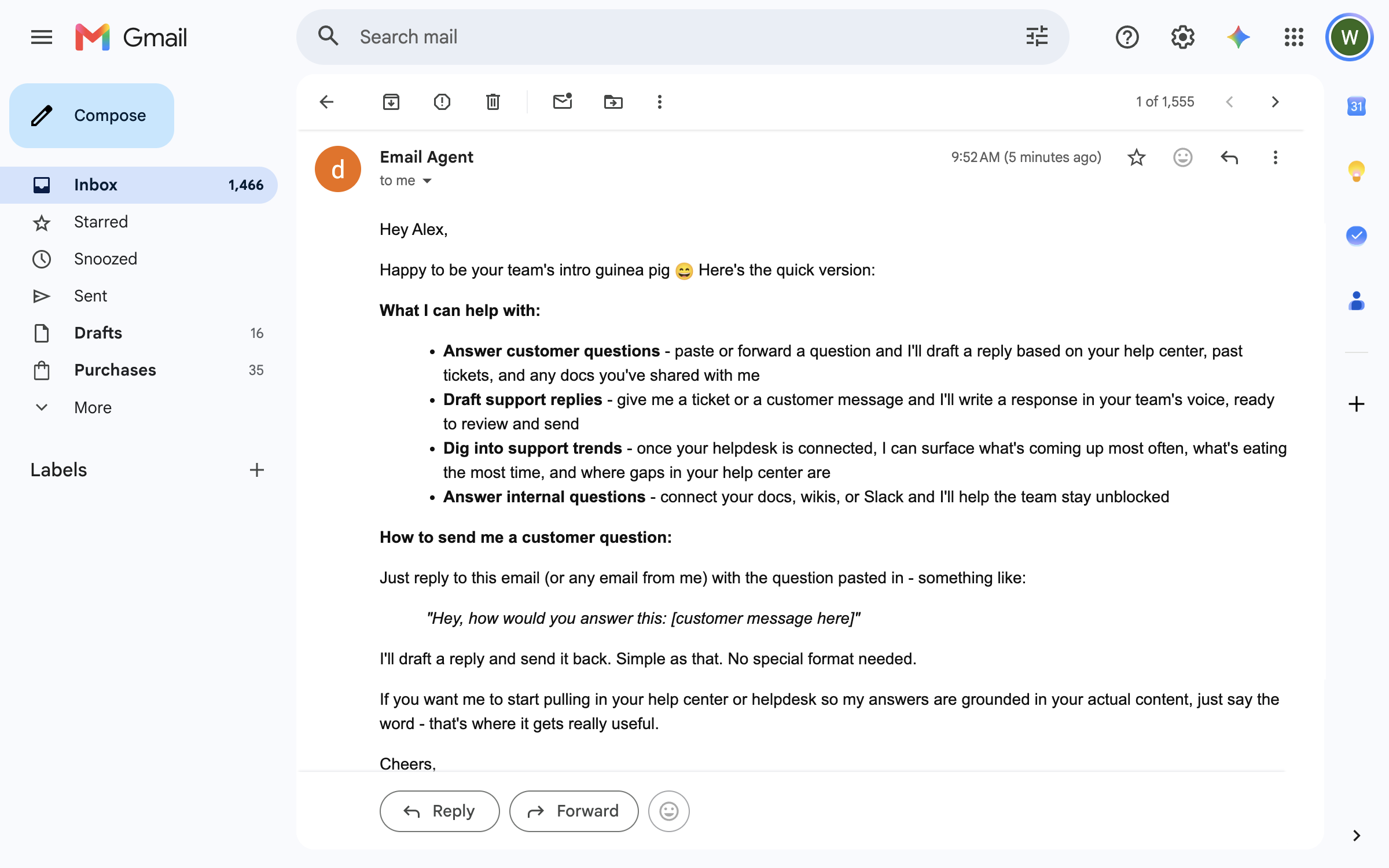A Gmail thread where the Email Agent replied to a teammate's question with a bulleted rundown of what it can help with and how to send it a customer question