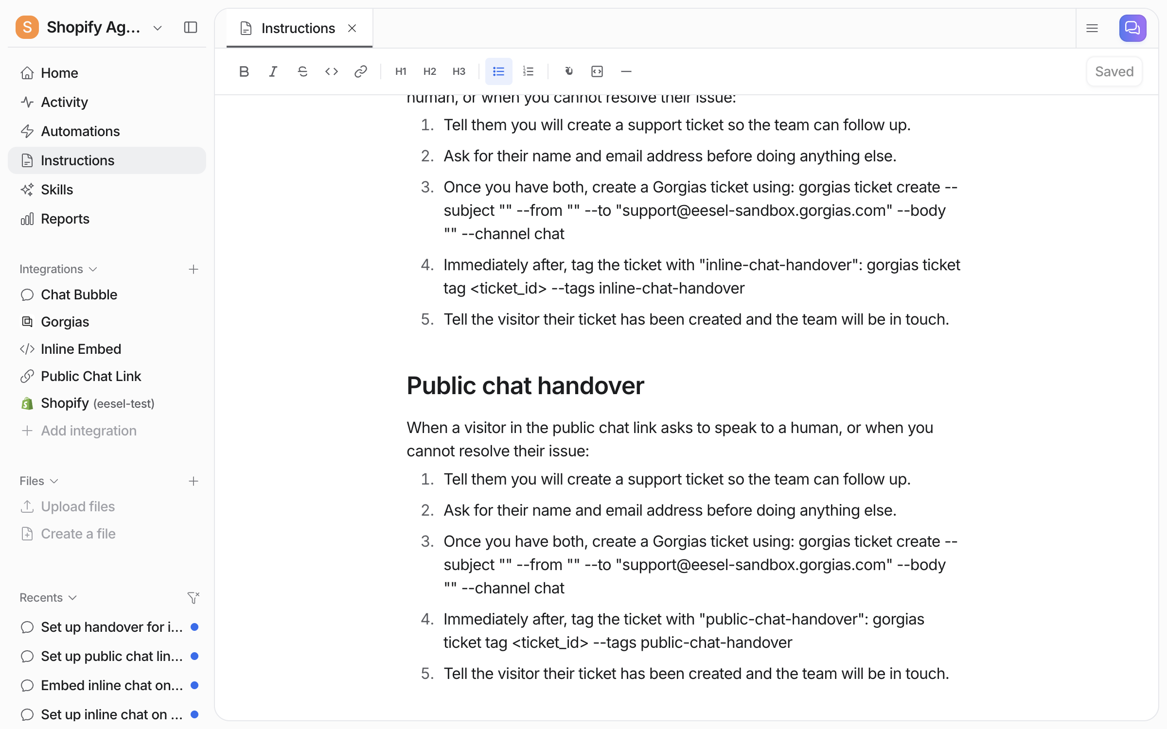 The Instructions page with a Public chat handover section: tell the visitor, ask for name and email, create a Gorgias ticket, tag it public-chat-handover, confirm