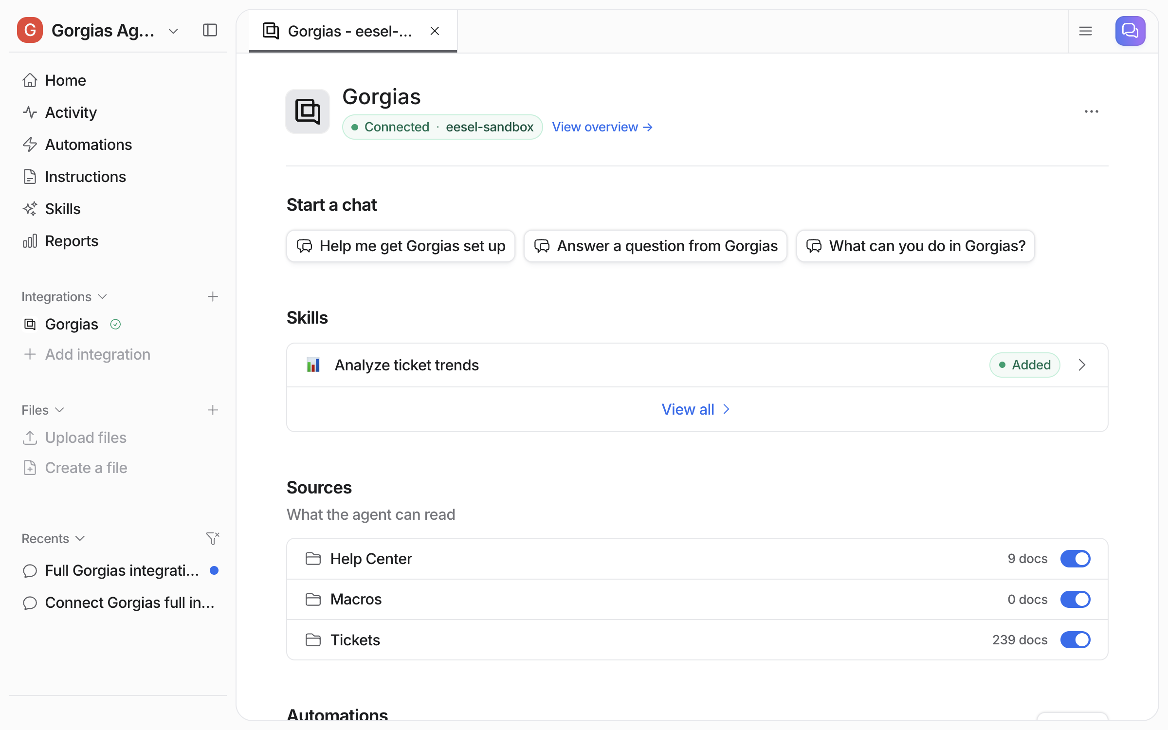 The connected Gorgias integration page in eesel, listing Help Center, Macros and Tickets as sources with document counts and toggles