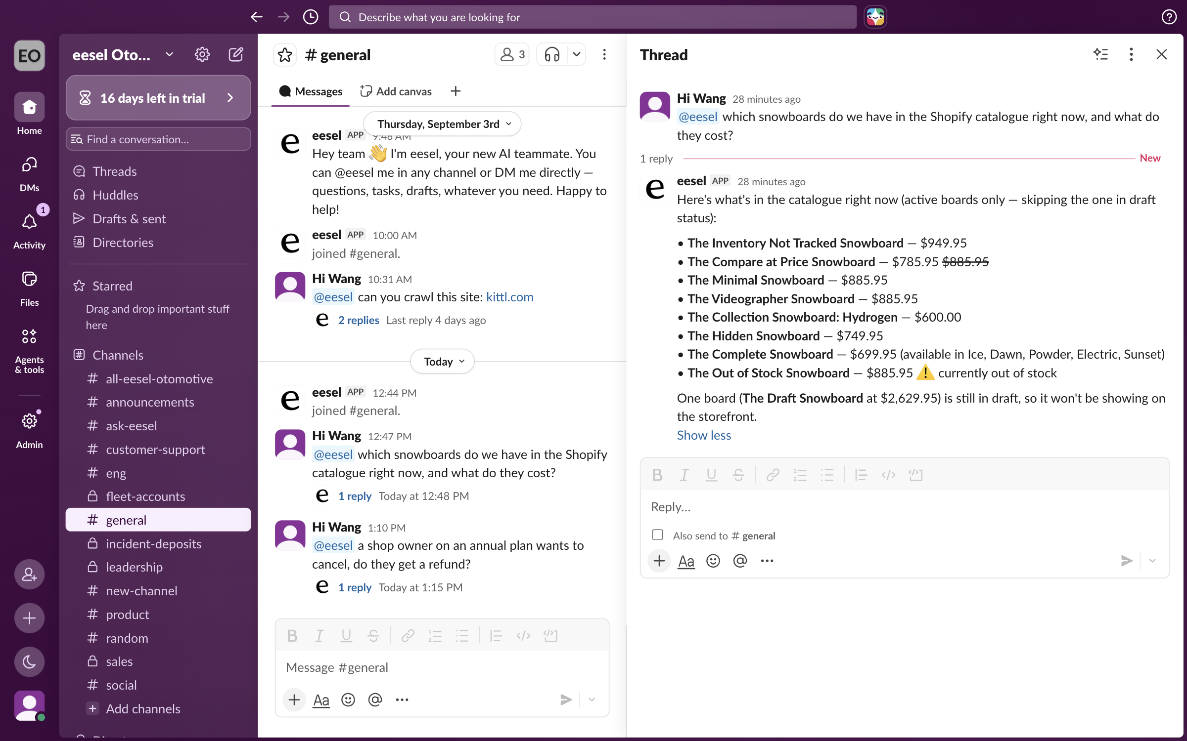 A Slack channel where the eesel app has posted a short hello saying it can be mentioned in any channel or messaged directly, and a thread panel where it answers a teammate's mention