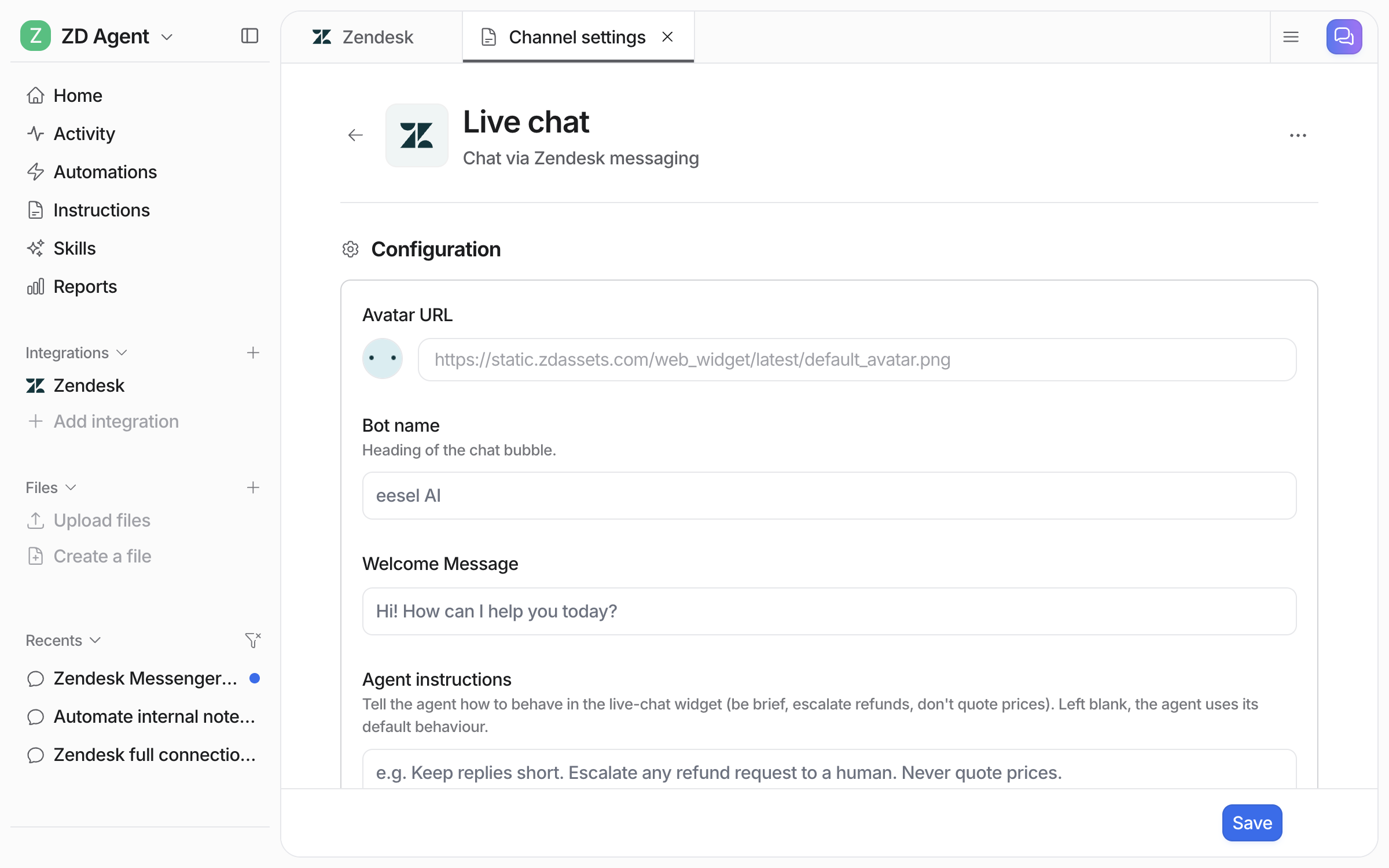 The Live chat channel settings in eesel with avatar URL, bot name, welcome message and agent instructions
