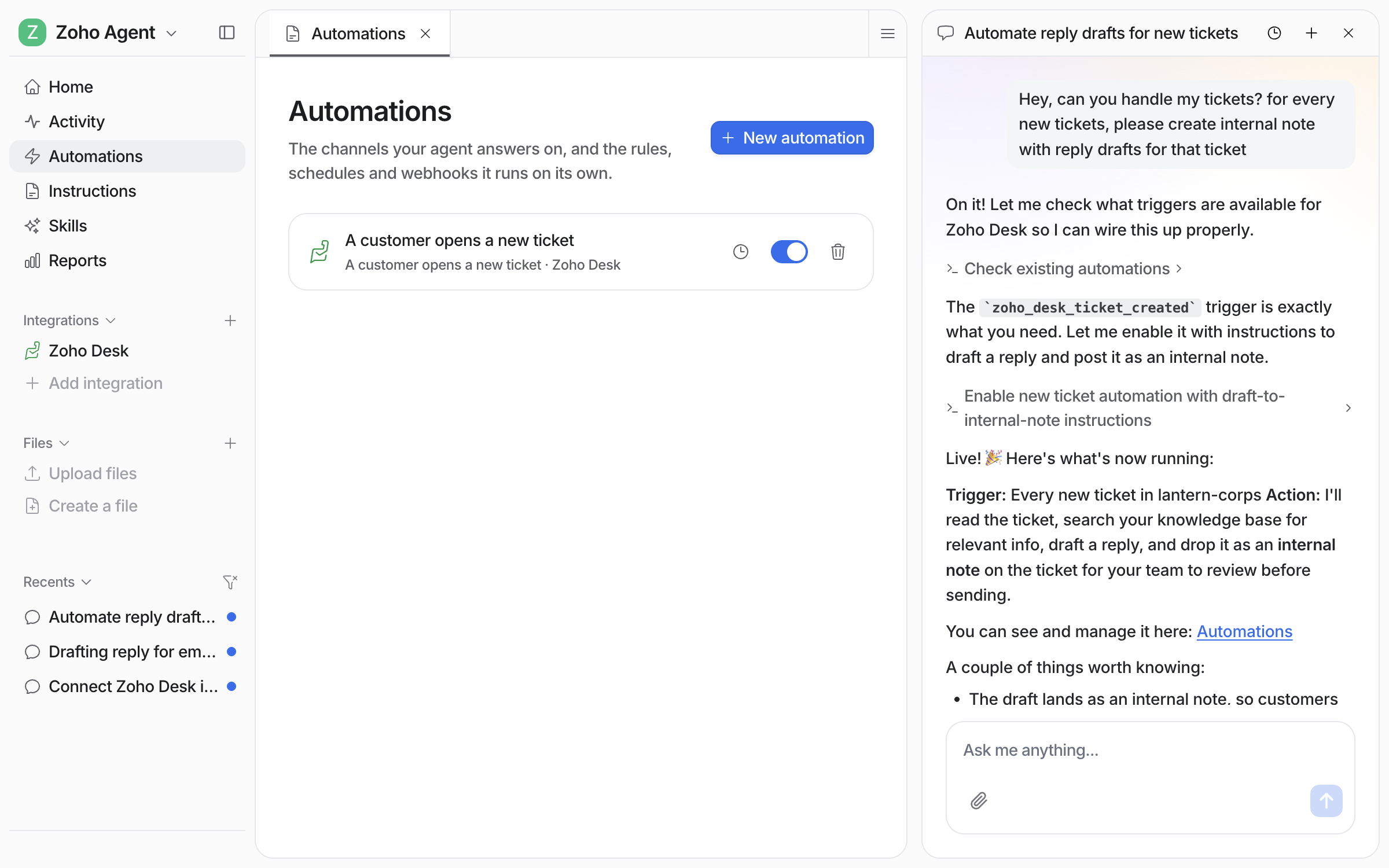 The Automations page in eesel with the new Zoho Desk automation listed and toggled on