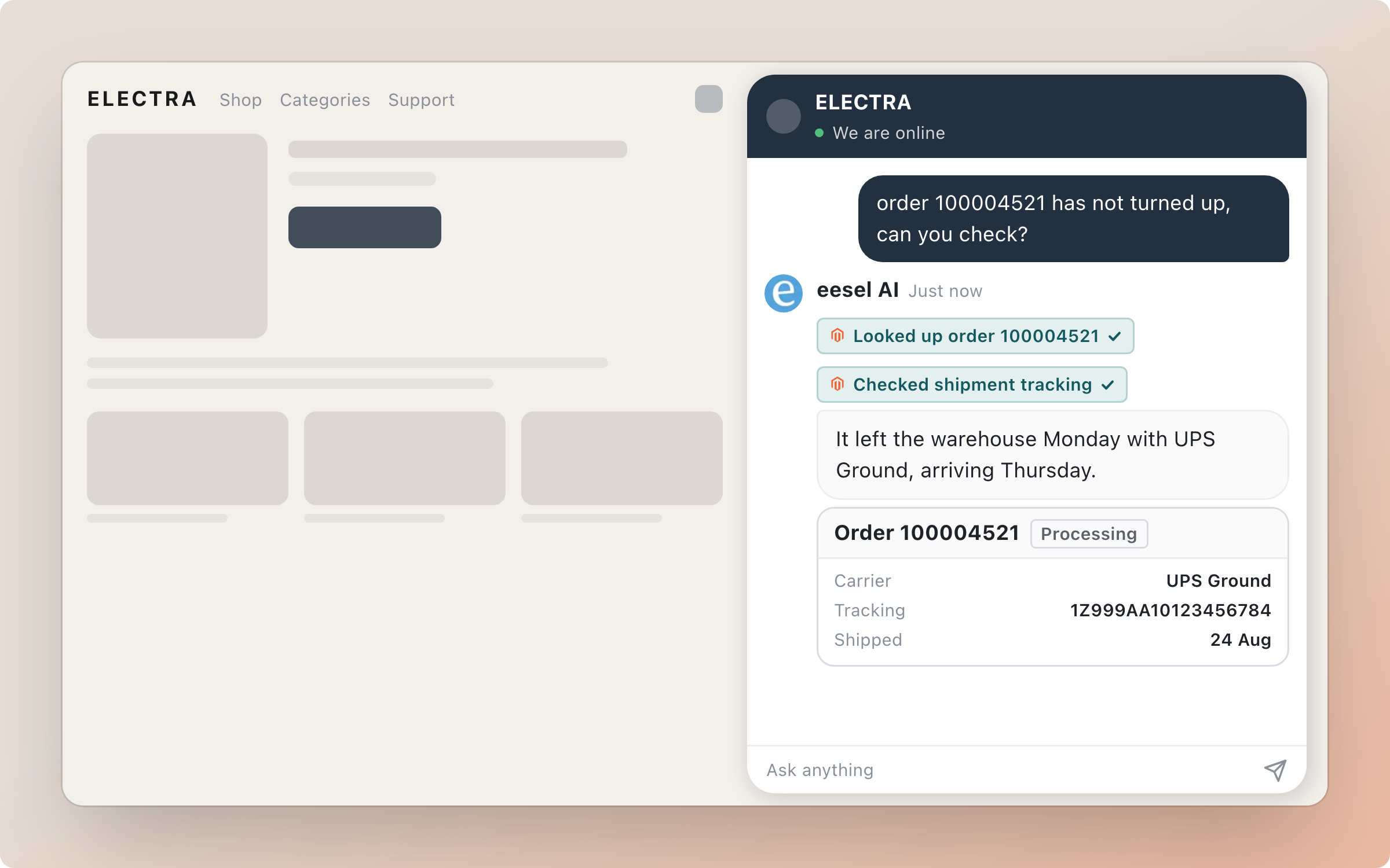 A storefront with the eesel chat bubble open, where the agent looks up an order and shows its carrier, tracking number and ship date