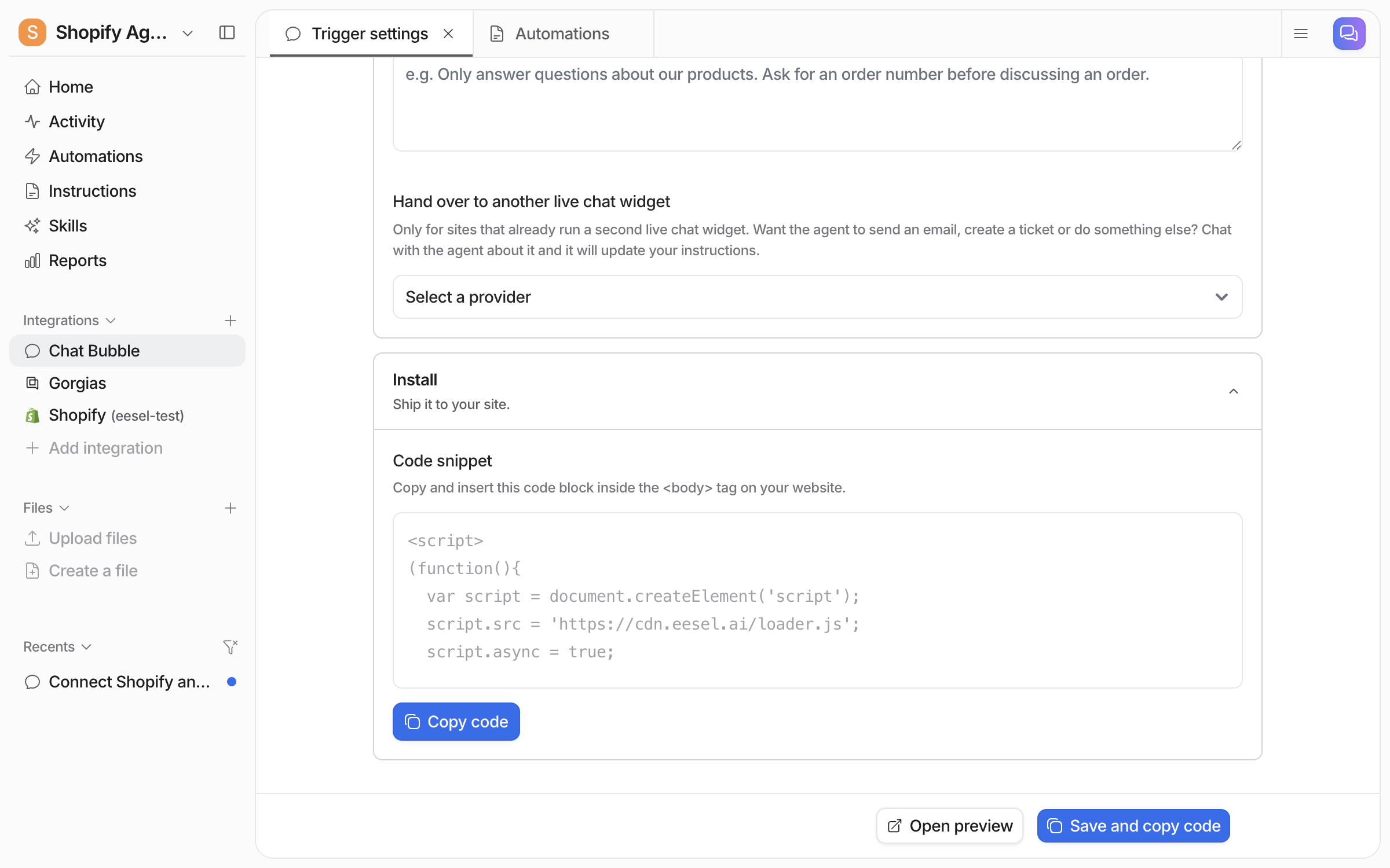 The bottom of the settings page showing the Hand over to another live chat widget provider dropdown reading Select a provider, and the Install section with the code snippet and a Copy code button