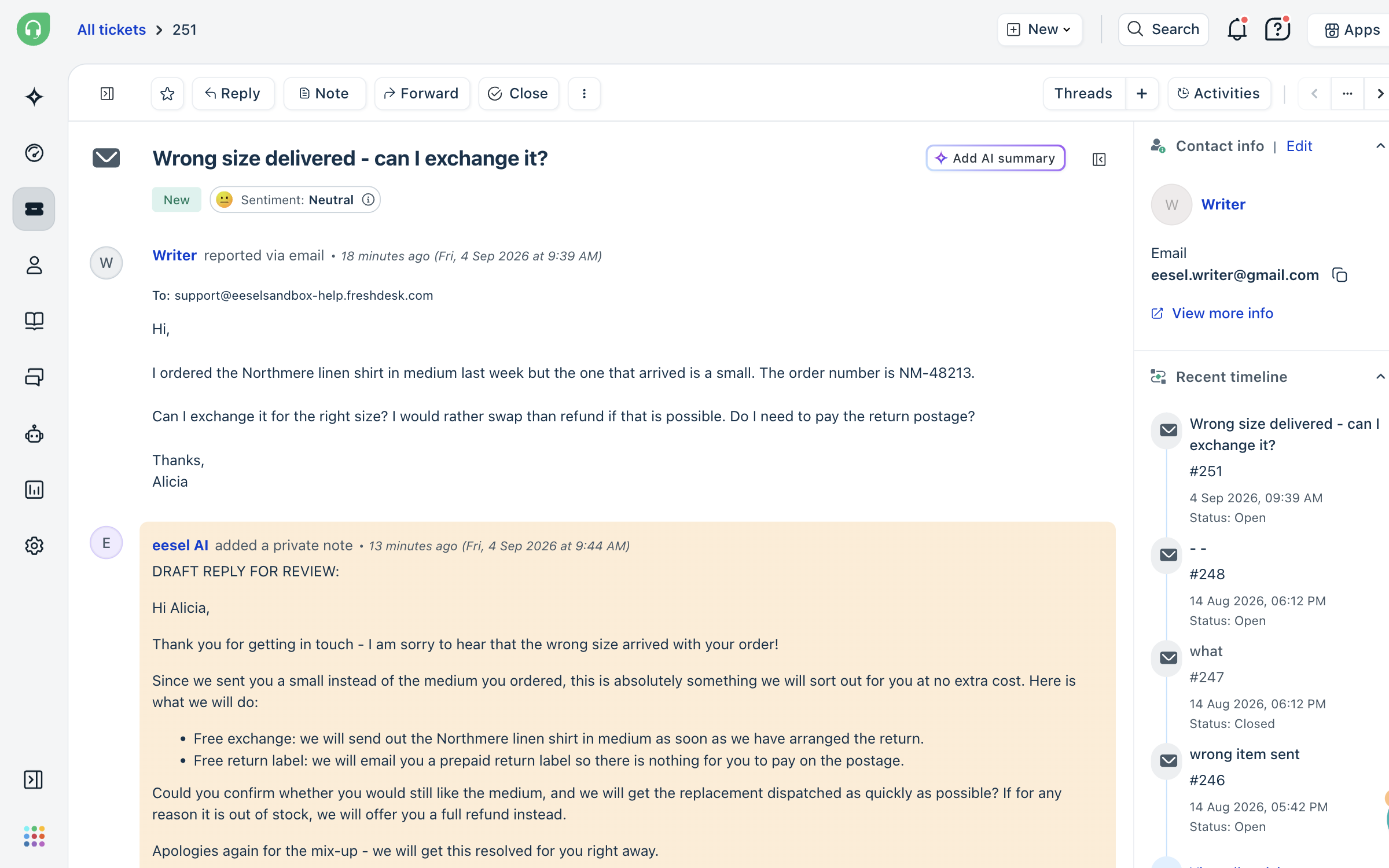 A Freshdesk ticket where eesel AI has posted its drafted reply as a private note, ending with a line saying it was left by eesel AI