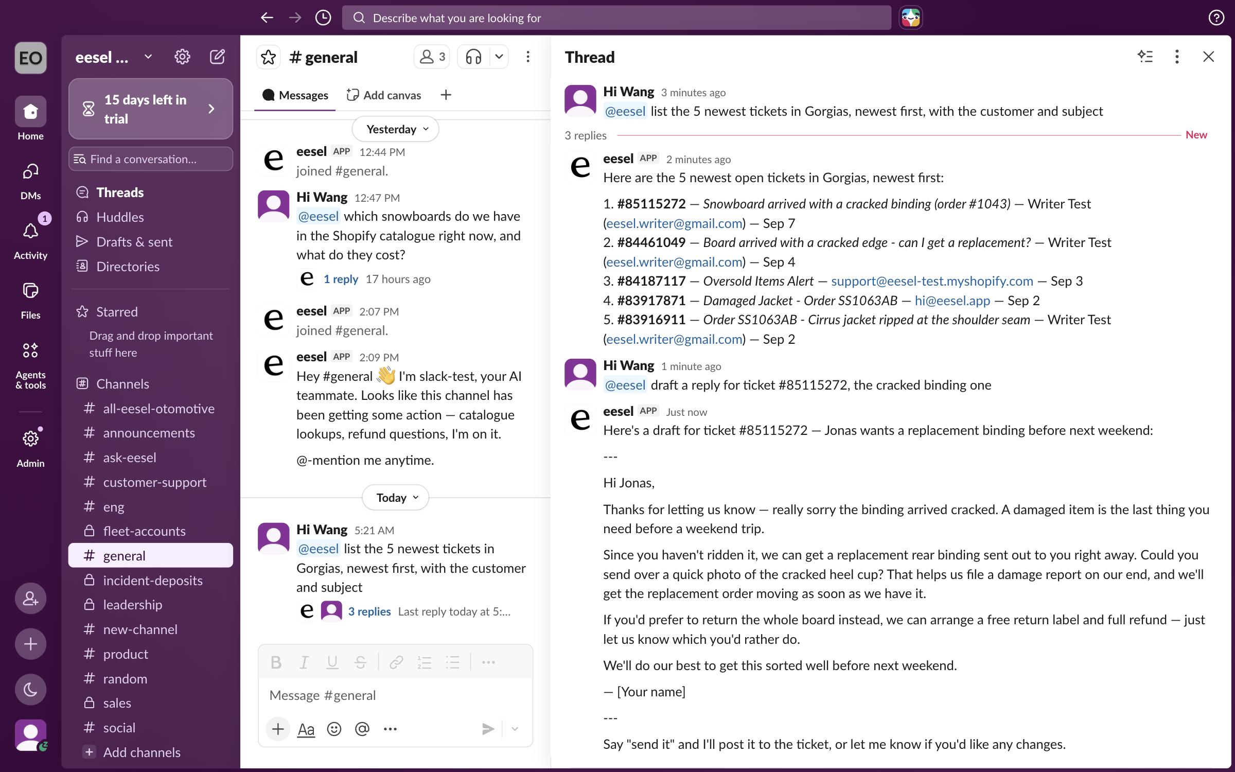 A Slack thread where a teammate mentions eesel to list the newest tickets in the connected helpdesk, and the app answers with a numbered list of tickets