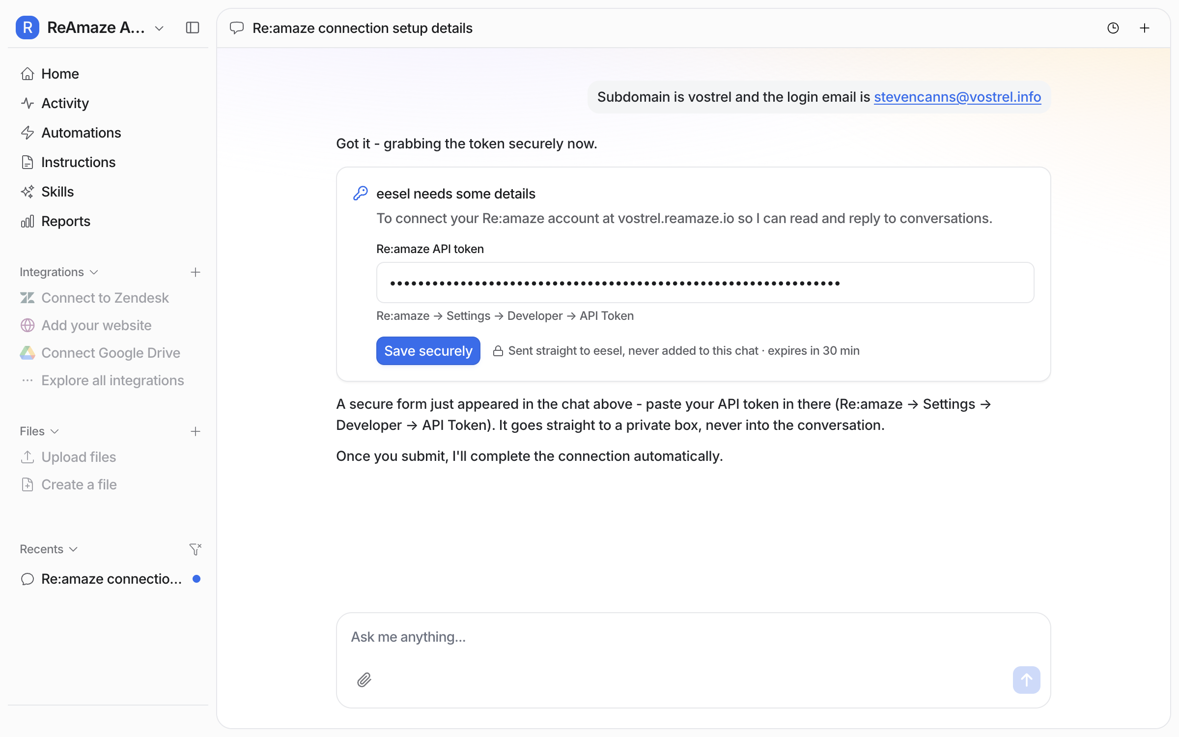 The same secure form with the API token pasted in as hidden dots, ready to save