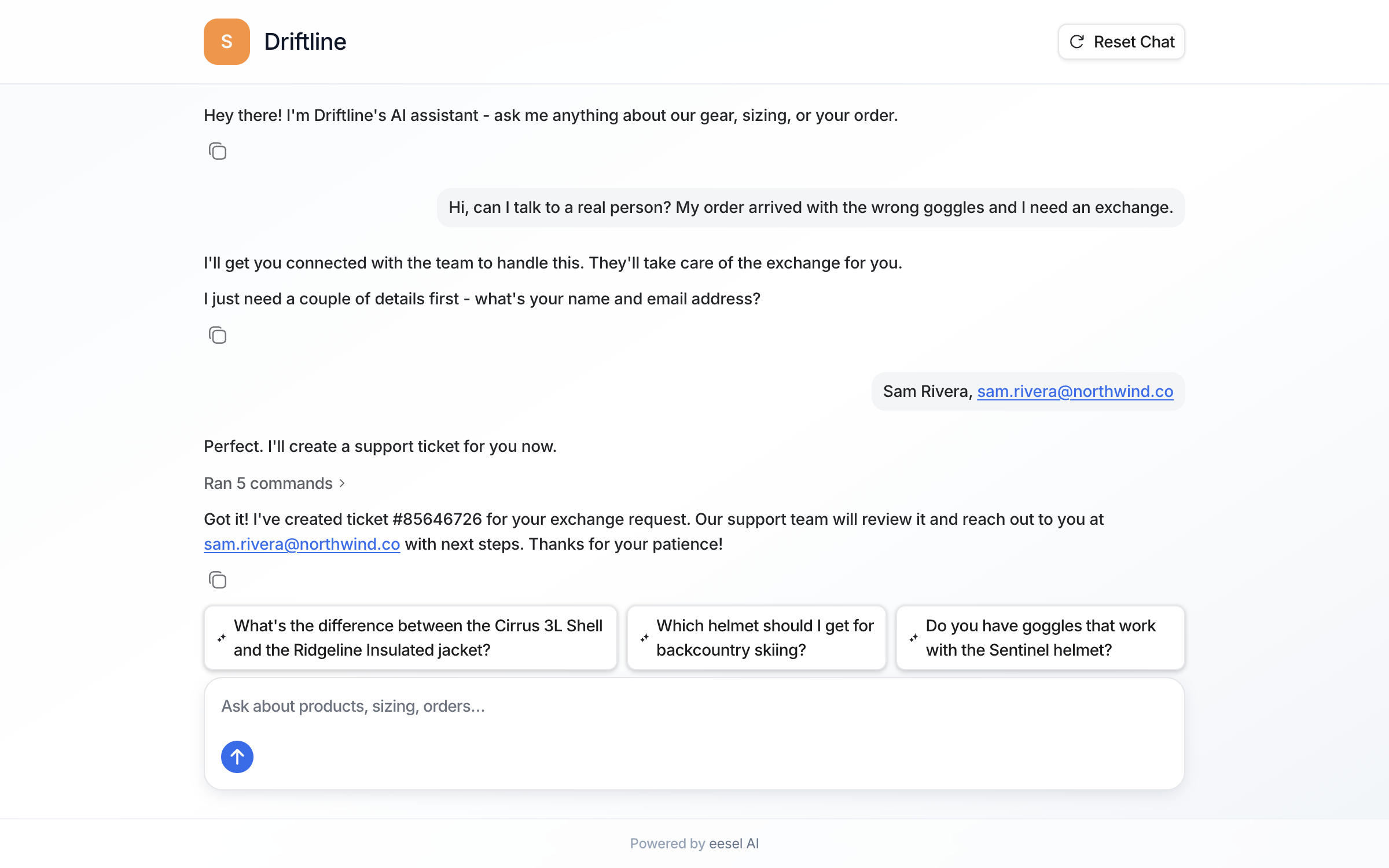 The public chat page where the visitor gives a name and email, and the agent confirms ticket #85646726 was created for the exchange