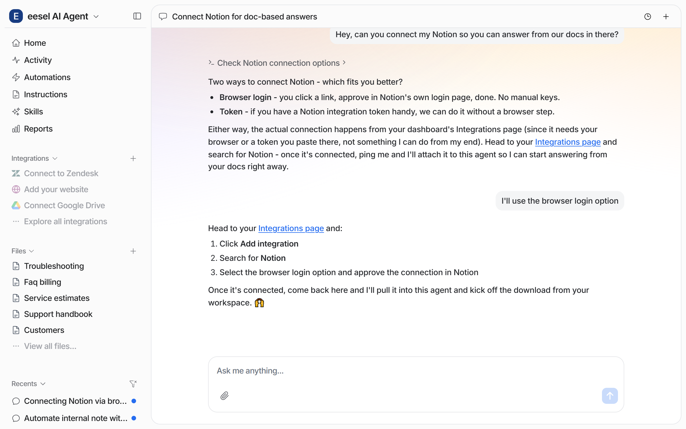 The dashboard chat where the user asks to connect Notion and the agent offers a browser login or a token, then links the Integrations page with the steps to follow