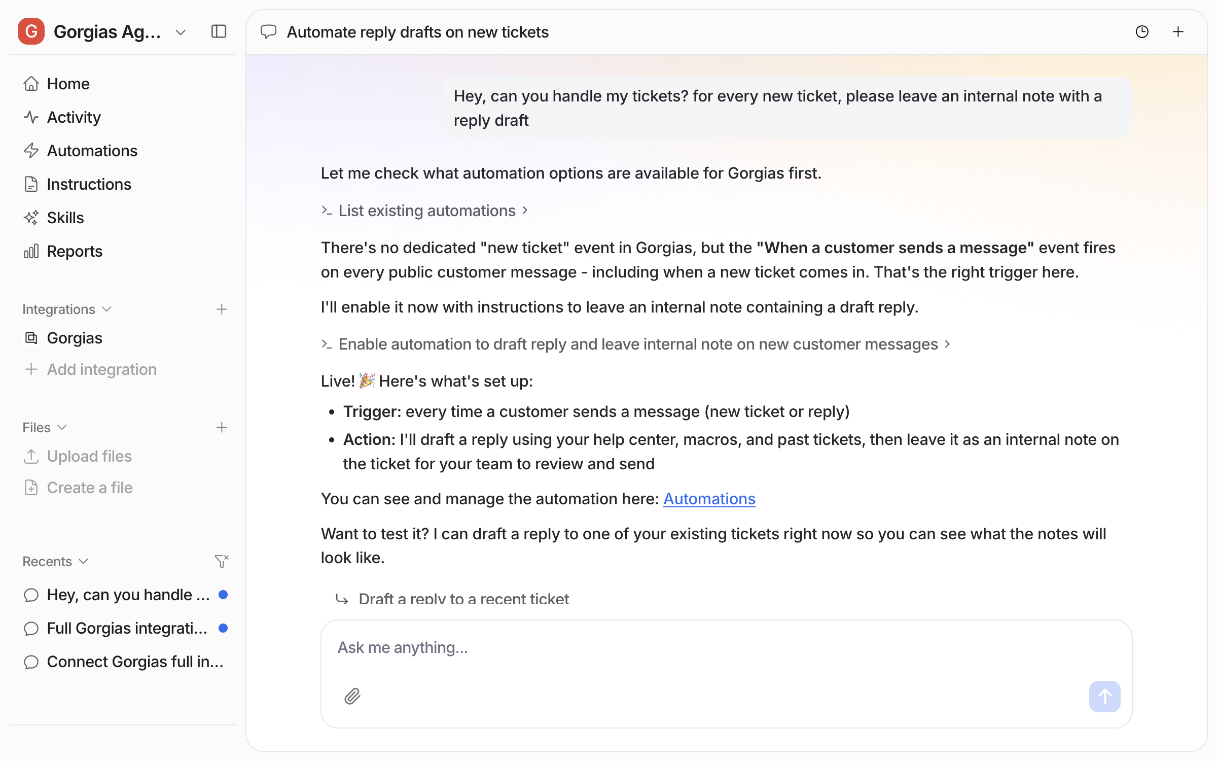 The dashboard chat where the user asks for internal-note reply drafts on every new ticket, and the agent reports the trigger and action it enabled
